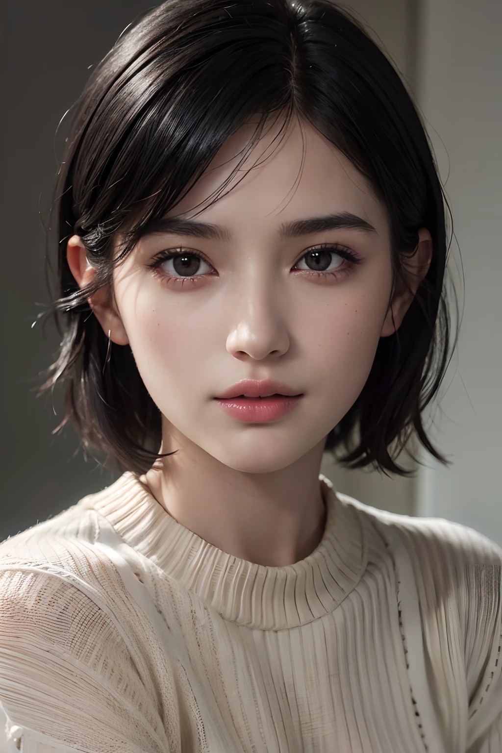 (masterpiece:1.3), (8k, photorealistic, RAW photo, best quality: 1.4), (1girl), beautiful face, (realistic face), (black hair, short hair:1.3), beautiful hairstyle, realistic eyes, beautiful detailed eyes, (realistic skin), beautiful skin, (sweater), absurdres, attractive, ultra high res, ultra realistic, highly detailed, golden ratio