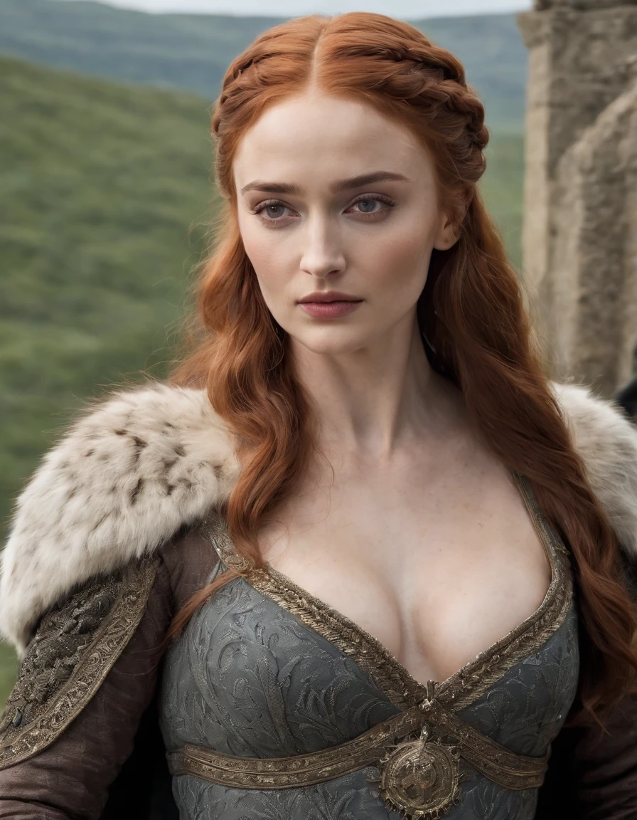 Masterpiece, Alayne Stone, Gorgeous Woman, Queen, queen lady, Lady of Winterfell, Wardeness of the North, and Sansa Stark, the de facto Lady of the Eyrie, 45 years Old, she is a Full growned mature lady now, beautiful mature lady, the queen, milf beauty, mature queen, Best quality, a small, black mole on her breast gives extra charm to her beauty, a captivating woman, fully ripen milf body, lustful queen, alluring appearance, unrivaled beauty, wonderful breasts, large breasts, mediaeval erotic costumes, a Game of Thrones-inspired costume, a close-up of a woman from the middle ages, sansa stark, sansa, resembles sophie turner, sophie turner, scene from "Game of Throne," deep cleavage, warrior princess, healthy body, perfect thick body, attractive figure, fleshy body, style of "Game of Throne," beautiful lady, beautiful woman, mediaeval clothes, stunning woman, 8K, insane details, dress made of clothes and jewelry, round face, perfect hair, styled hair, perfect hands, perfect fingers, perfect eyes