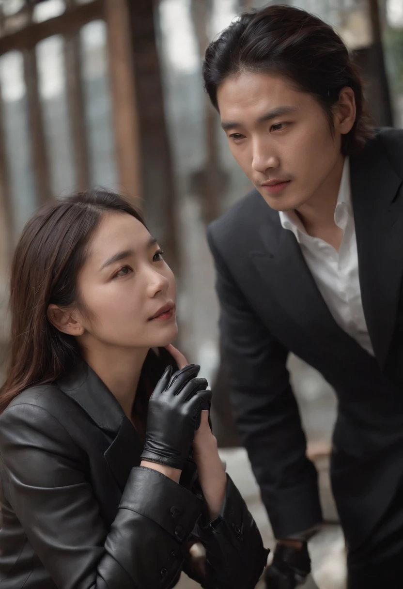 The shirt is also black、Wearing a black man's three-piece suit、Japan woman in black leather gloves