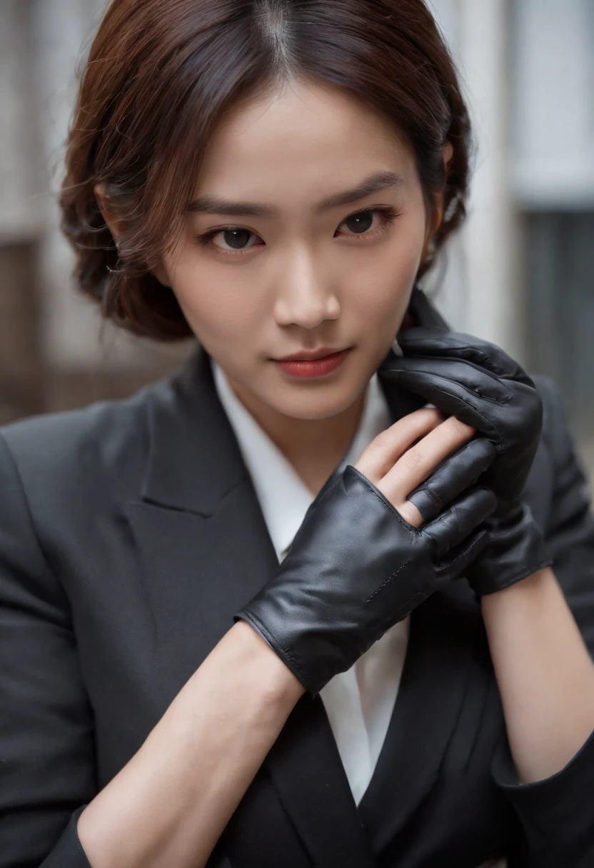 The shirt is also black、Wearing a black man's three-piece suit、Japan woman in black leather gloves