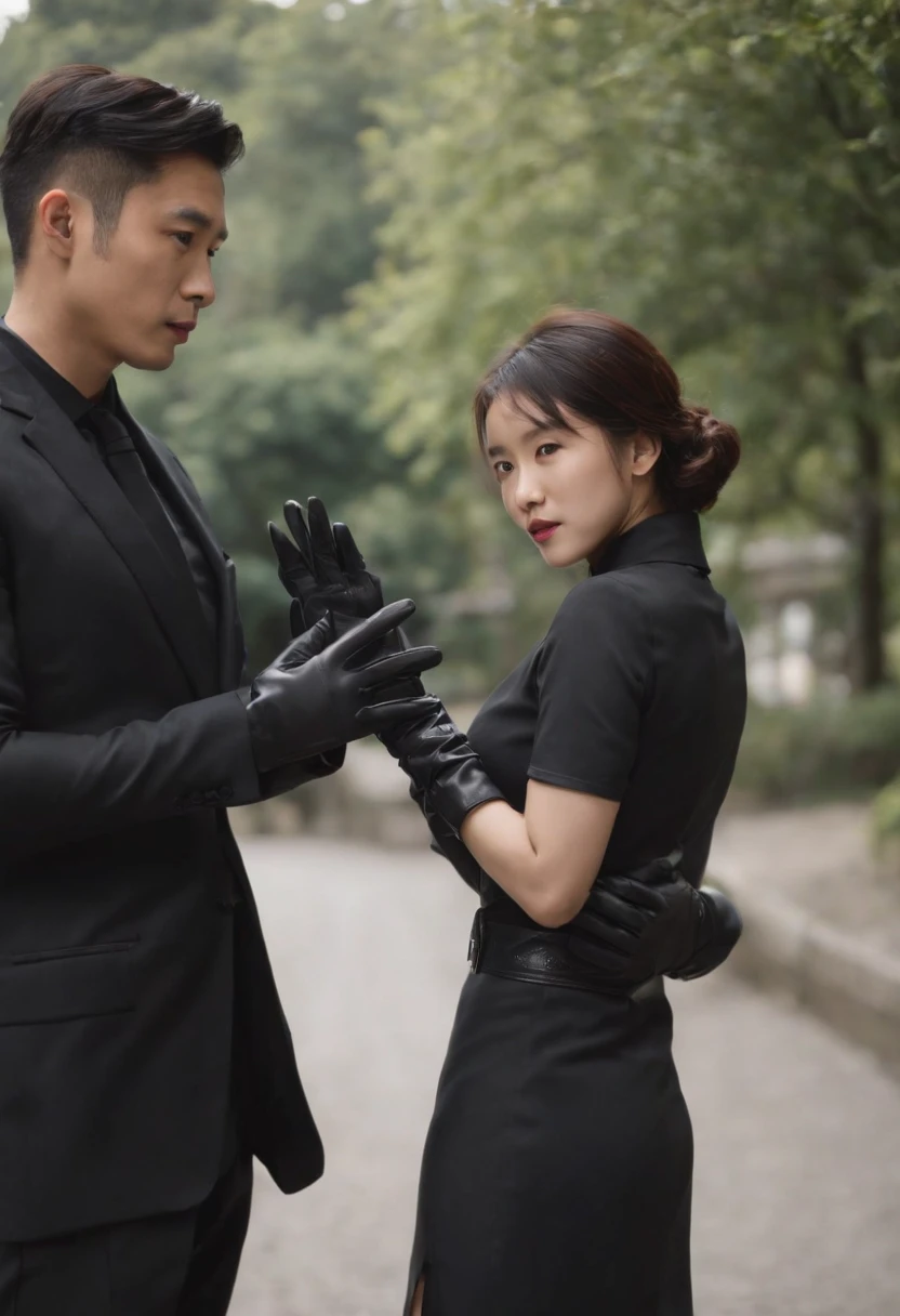 The shirt is also black、Wearing a black man's three-piece suit、Japan woman in black leather gloves