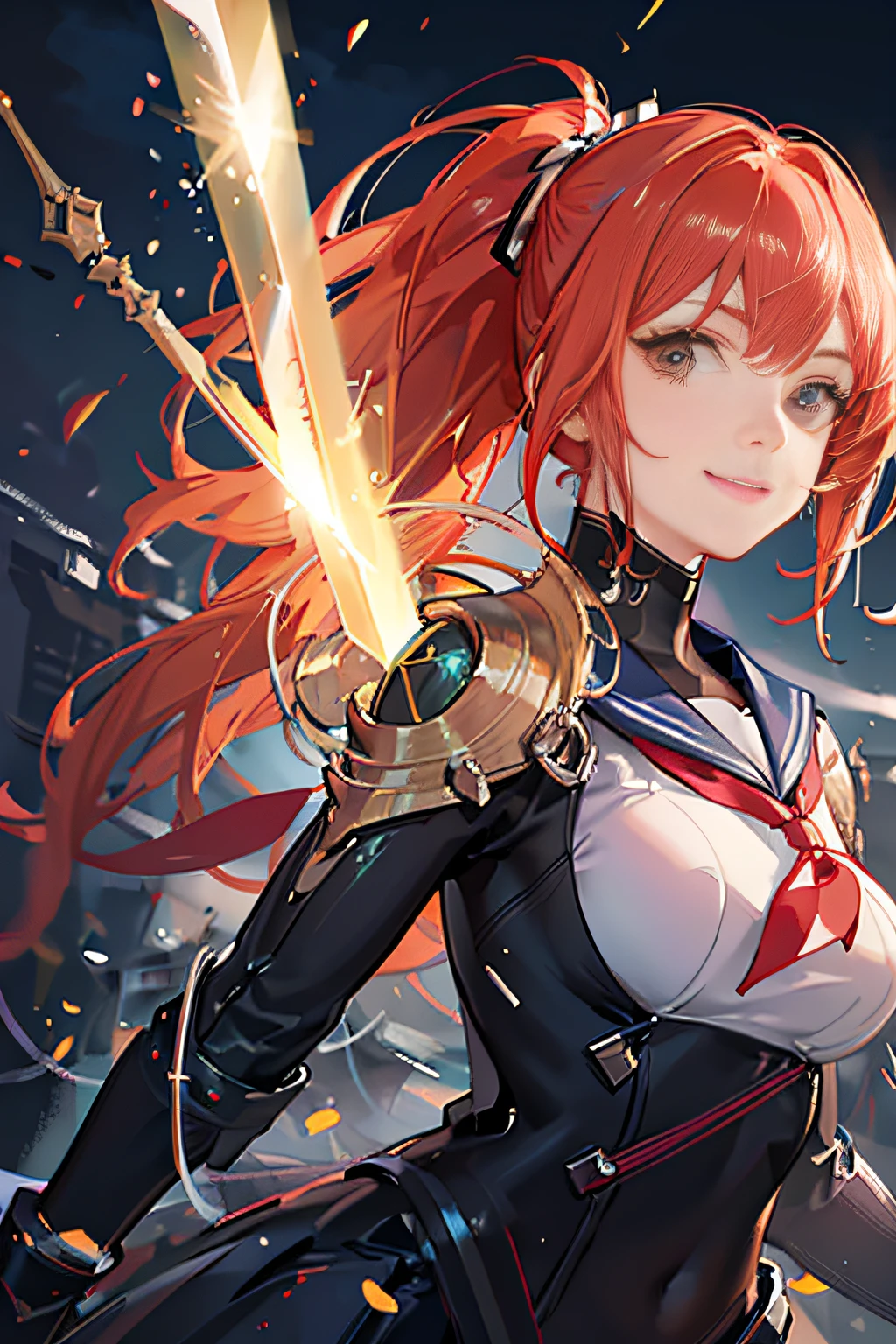 Cybernetic arm and glowing cyber girl,(J Women's Uniform,a sailor suit,White skirt,),Intense body movements,Add a motion blur effect to simulate motion,Stand on the streets of a desolate battlefield.Surrounded by a network of wires. Surrounded by a net of orange LED circuits. (Cyber Girl with Orange Glowing Sword:1.3), Glossy light brown and orange striped shorthair,disheveled ponytail,Cute smile,Perfect round face,Black eyes,A cheerful smile that makes the viewer happy,Proper body proportion,Intricate details,Very delicate and beautiful hair,photos realistic,Dreamy,Professional Lighting,realistic shadow,Solo Focus,Beautiful hands,Beautiful fingers,Detailed finger features,detailed clothes features,Detailed hair features,detailed facial features,(masutepiece,top-quality,Ultra-high resolution output image,) ,(The 8k quality,),(Image Mode Ultra HD,),(Image Mode Ultra HD,),(Sea Art 2 Mode.1:1.3),Science fiction fantasy