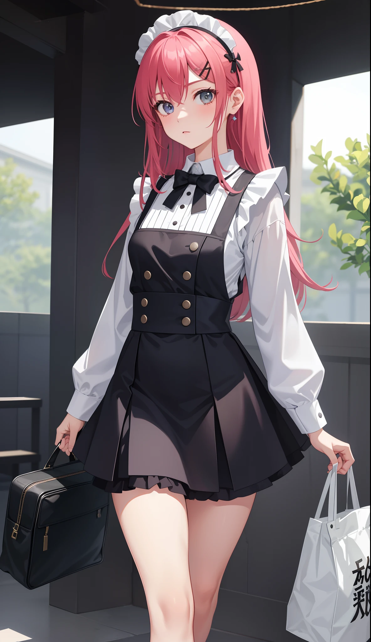 1girl in、AS-Adult、The shirt、Ultra mini skirt、pantiy、(small tits)、doress、pinafore、Hair decoration、(Maid costume)、Walking with a thigh、Upper body portrait、