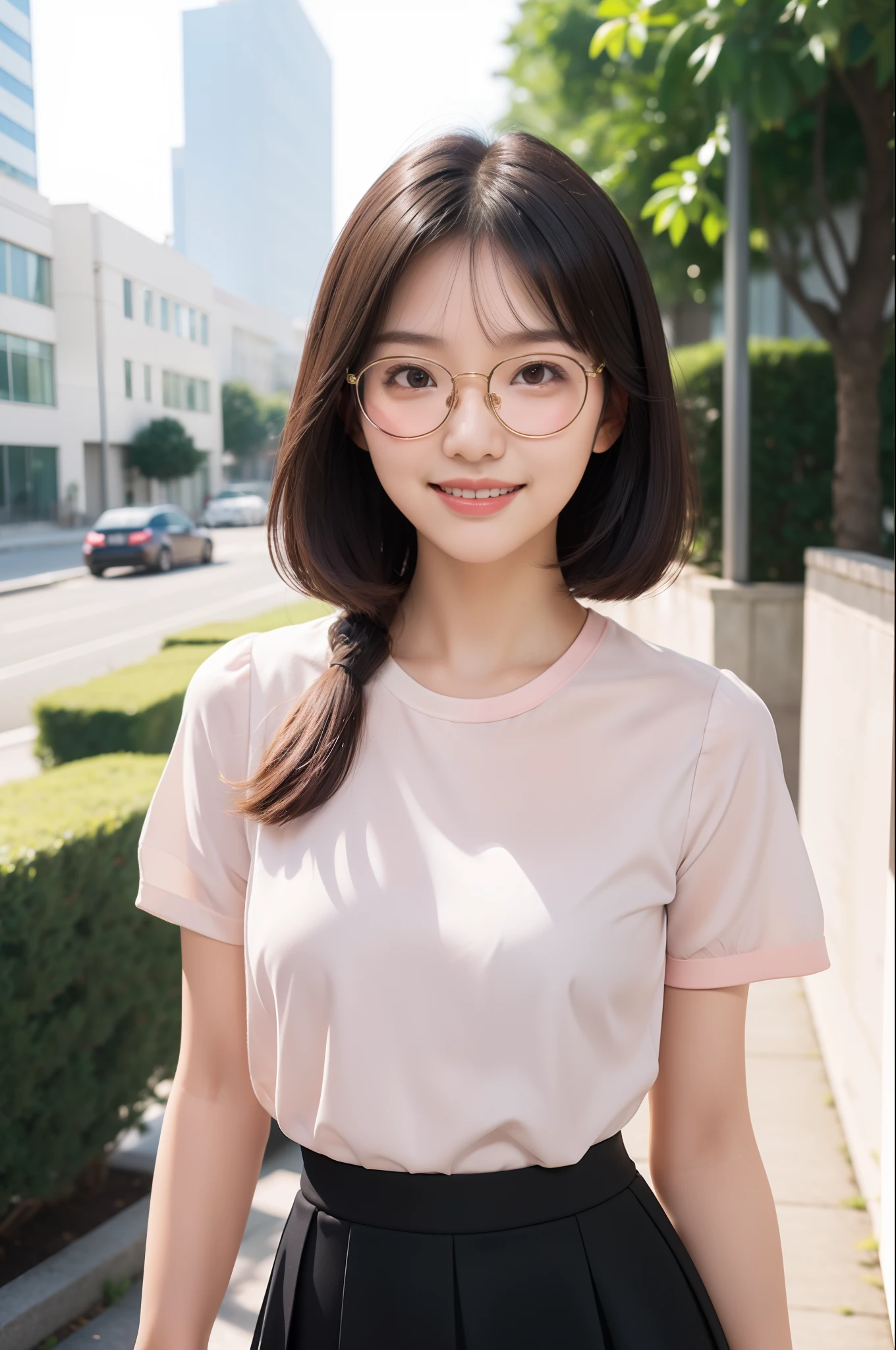 (masutepiece, Best Quality, Capture super cute moments, depth of fields, ultra-detailliert, Ultra High Resolution, C4D, Octadale, 3D Modeling, 8K, 16 K, one girls、a 、A dark-haired、short-hair、straight haired、Light brown eyes,hair adornments、wearing black glasses、A smile)、Slender body、small tits、Officelady、Light pink blouse、tight skirts