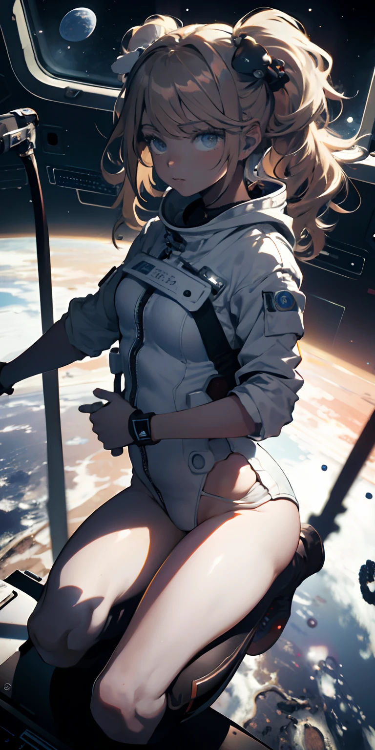 Absurd resolution, high resolution, (masterpiece:1.4), ultra-detailed, 1girl and 1boy holding hands, in a spacesuit, seen from above, space, floating, satellite, outer space operation, wide-angle lens distortion