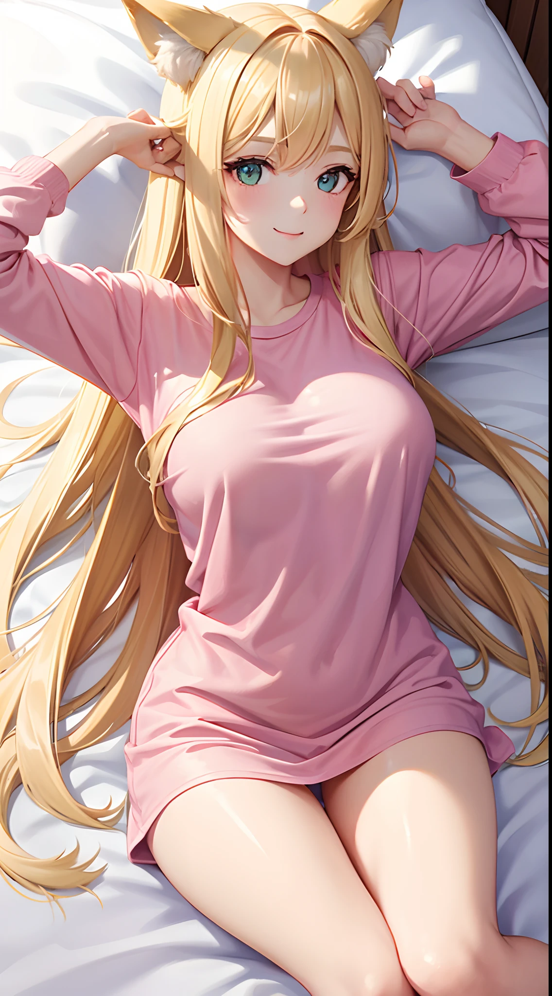 1 girl, long pink t shirt until thighs, home, laying on the bed, lying pose , long blonde hair, green colour eyes, smiling, excited, beautiful, pale skin, perfect body figure, B Cup Size breast 1:3, cute , Wolf ears