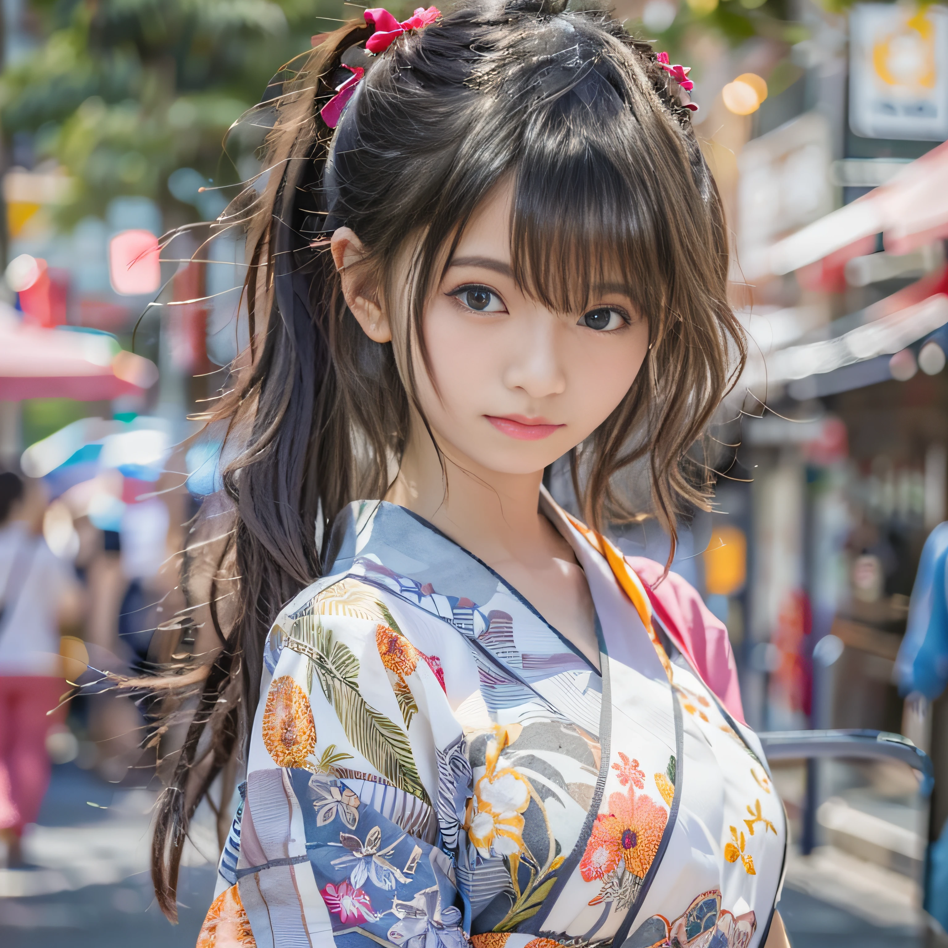 女の子1人、on tokyo street、Summer cityscape、Wearing a Japan yukata、The upper part of the body、a closeup、A smile、、(8K、Raw photography、top-quality、masterpiece:1.2)、(realisitic、photoRealstic:1.37)、Highly detailed eyelash drawing、(((Top image quality))),Colossal tits、Fine skin, (Beautiful hair), (Perfect Anatomy), (Realistic), (Dynamic Angle), Pose Seductive,Perfect,Sensual look、top-quality、hight resolution、