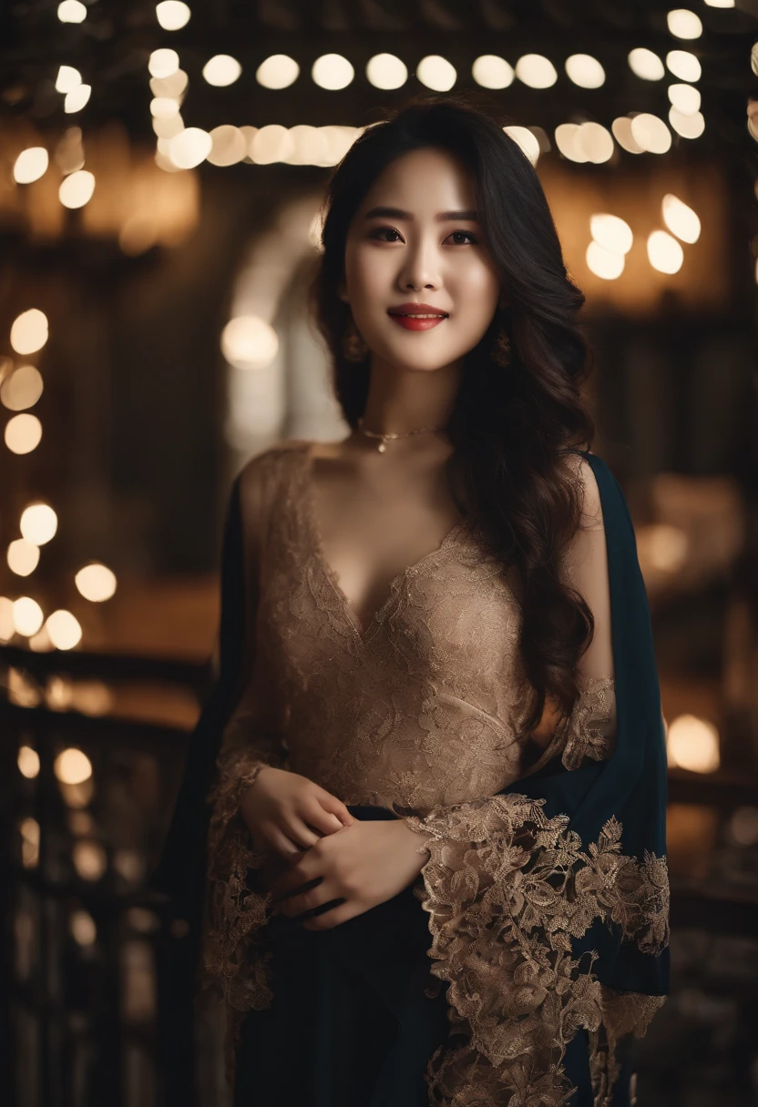 (Best quality, 8K, masterpiece:1.3)) , (one person: 1.4), 1girl, a Korean woman, a goddess, 25 years old, portrait photography, high contrast, God perspective, aperture F1.2, focal length 24mm, ( Full body: 1.2), smile, pose for photos, fine lace, slip dress, simple cut dress, brand dress, simple cut, long black hair, hair tied up, super detailed skin details, detailed fabric texture