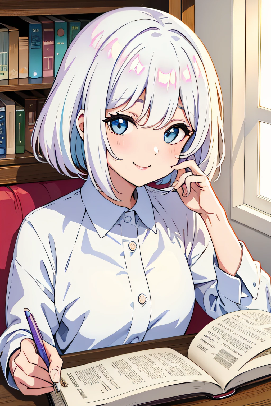 a girl, white or pastel hair, lendo um livro, sorrindo