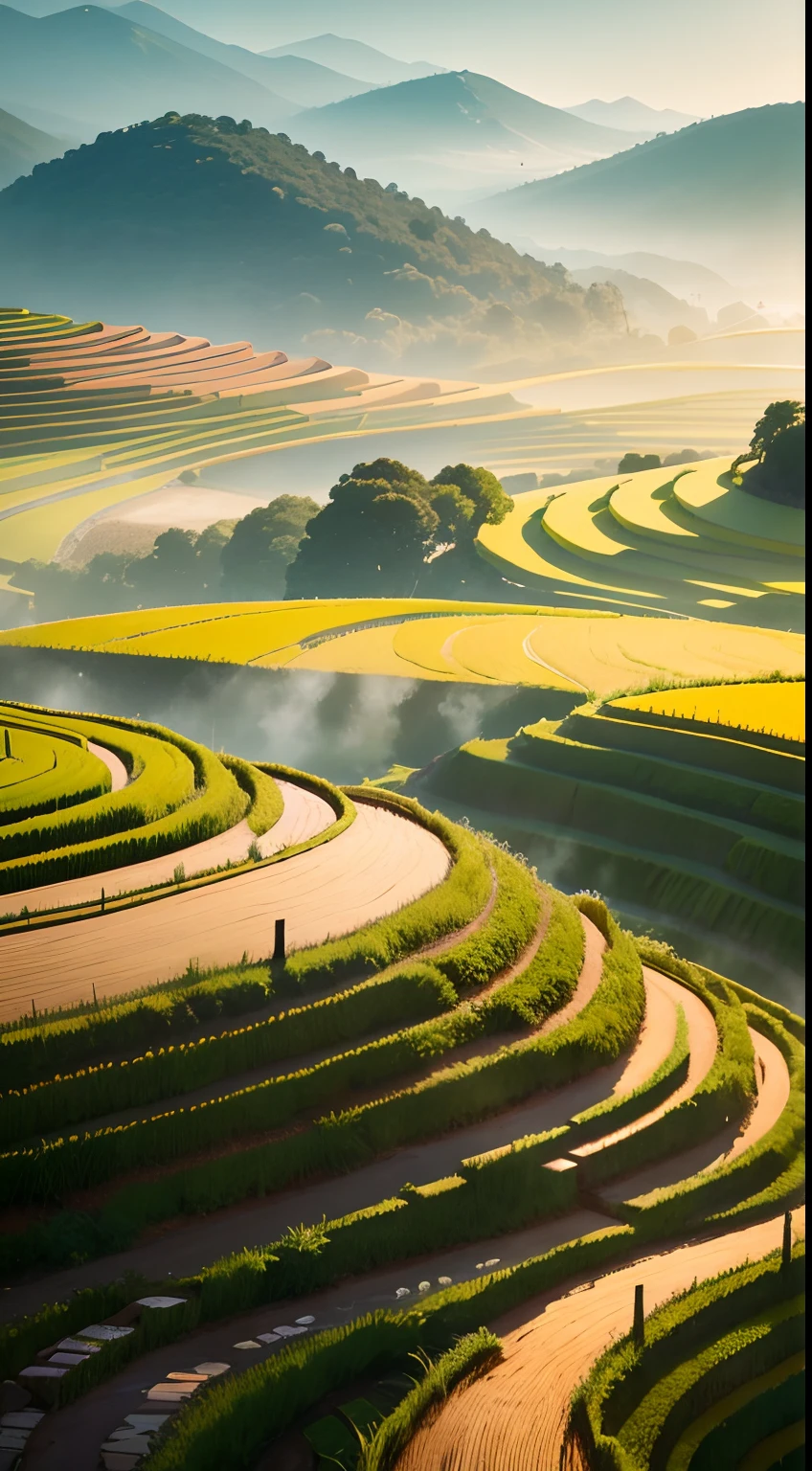papel de parede, Entrando em um mundo de arte natural, Terraced rice fields paint a mesmerizing portrait of beauty. Each level, meticulosamente esculpido na terra, transforma-se em uma tela de verde vibrante, reflecting the warm embrace of the sun. How the mist crosses the layers during dawn, These undulating landscapes seem to whisper stories of generations bound to the earth, evoking a sense of serene wonder that only nature's masterpiece can provide.