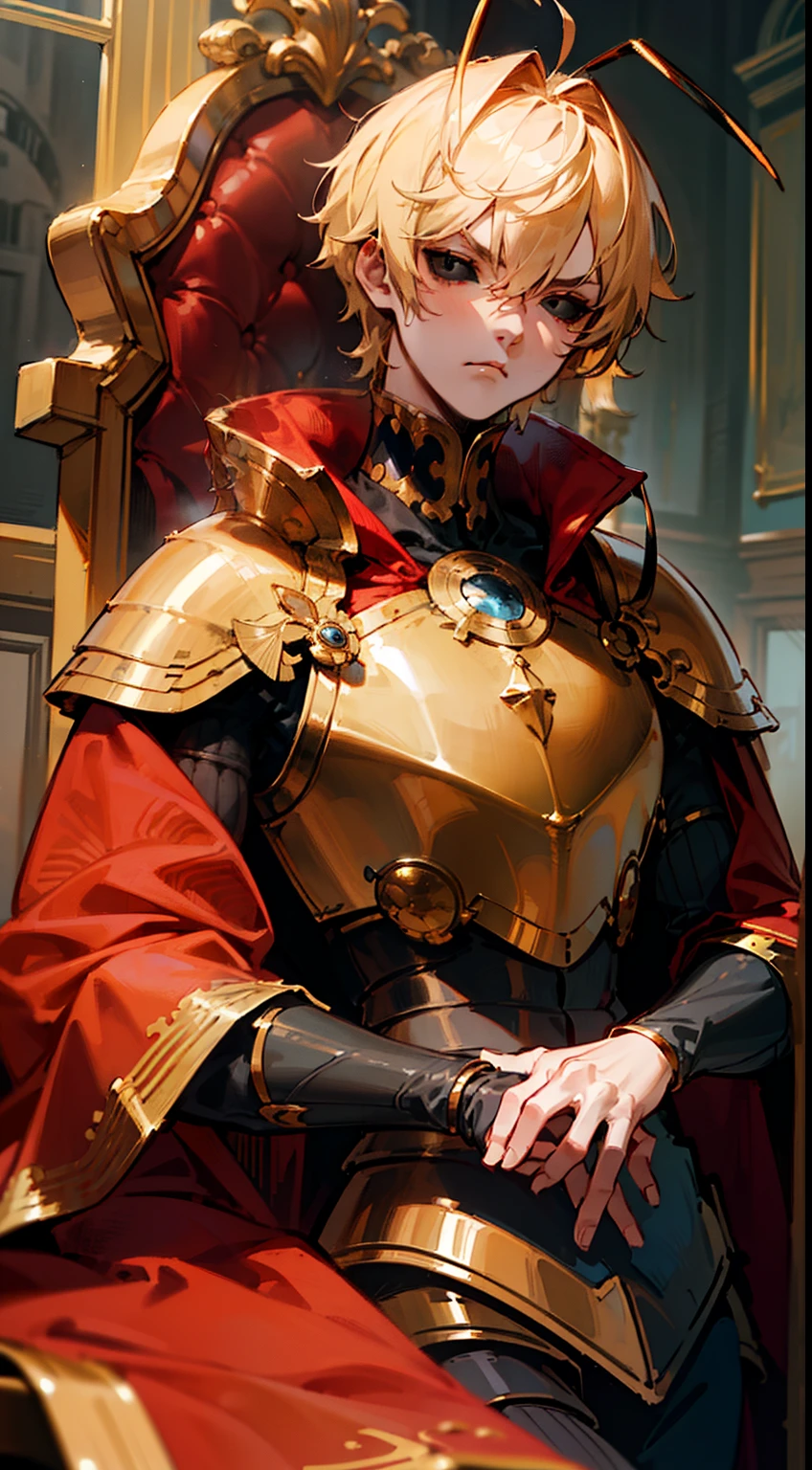 (Original Character,8k, Masterpiece, Best Quality,Detailed, Beautiful Detailed Eyes, solo),1boy,tall,fine skin,cowboy shot,(black eyes),black sclera,blonde hair,short hair,(((hair 2antennas)))(gold armor),red cape,sitting on the golden throne in room in castle,serious face,