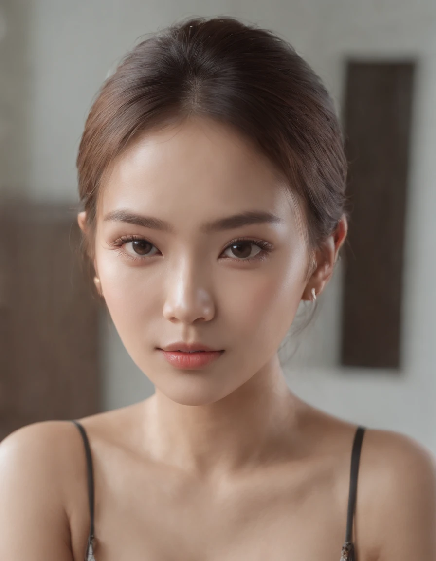 ((Best quality, 8k, Masterpiece :1.3)), 1girl, side shot :1.2, beautiful burmese woman with slender abs: 1.3, (casual hairstyle, big breasts: 1.2), bikini, indoor, super detailed face, detailed eyes, double eyelids, whole body