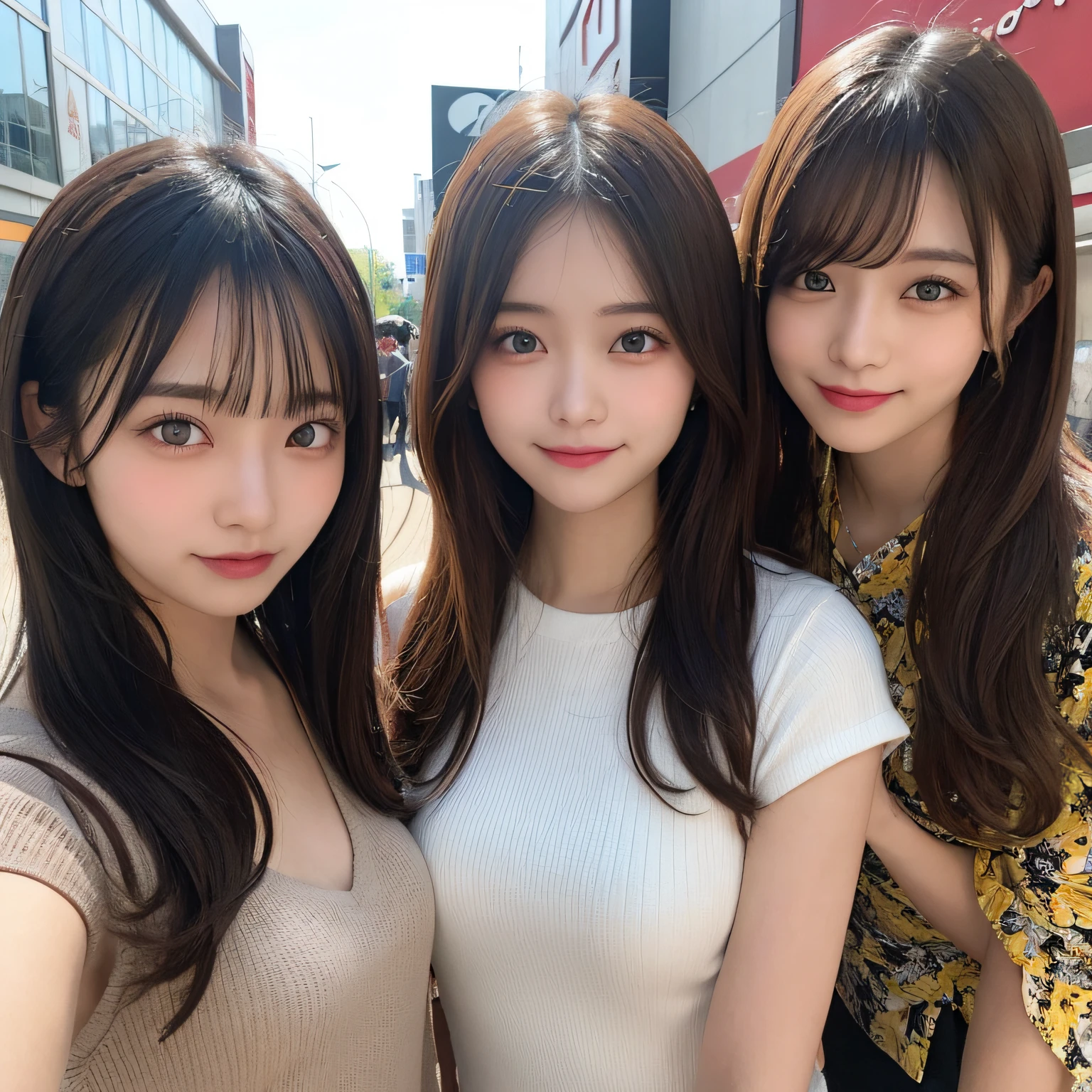masutepiece, 2 girls in、Best Quality, Illustration, Ultra-detailed, finely detail, hight resolution, 8K Wallpaper, Perfect dynamic composition, Beautiful detailed eyes, Women's Fashion,Natural Color Lip, twin-tail hair. Bold sexy poses,Smile,Harajuku、17 years old girl、Cute、Sexy shot looking at camera,