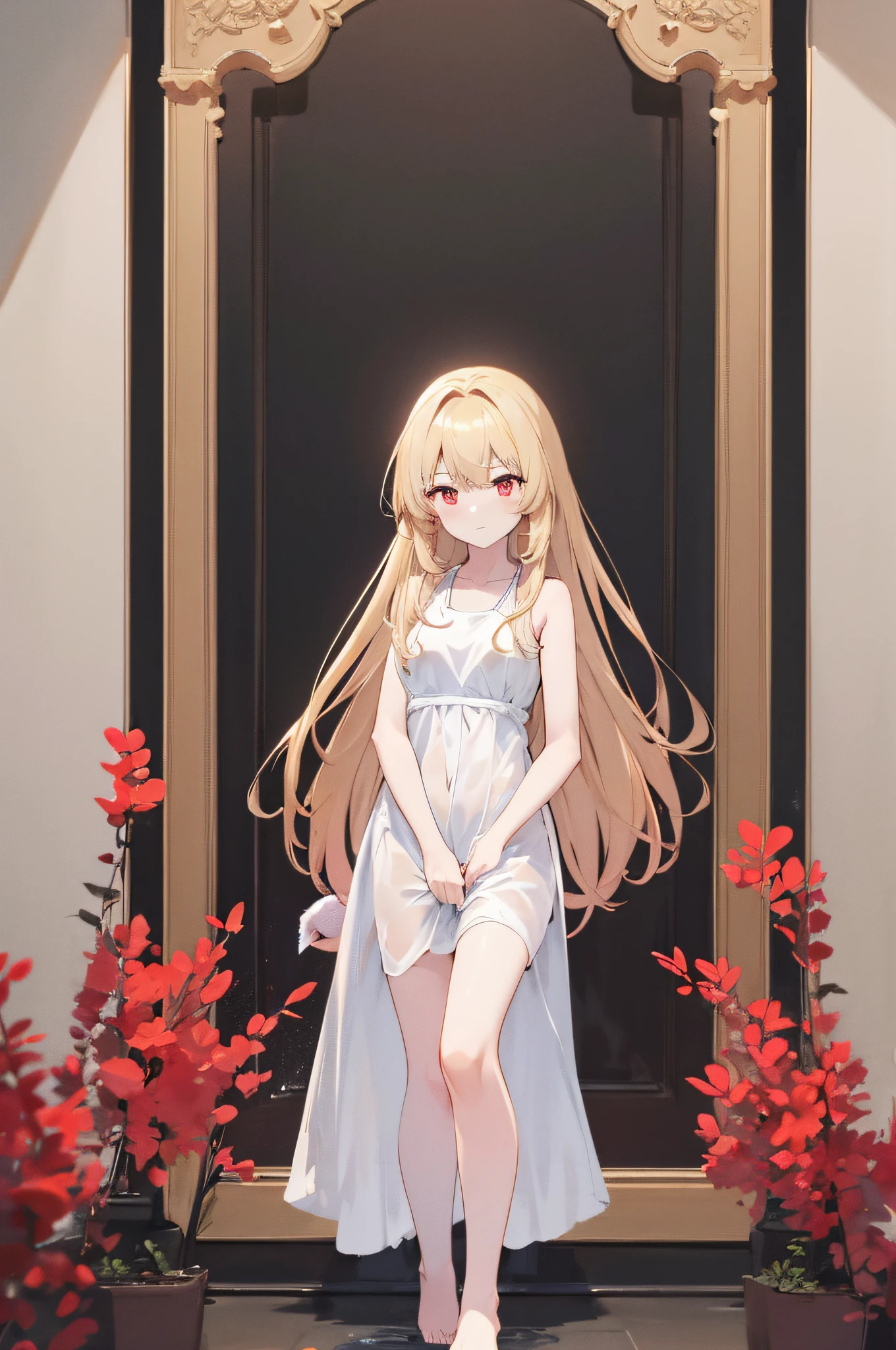 best quality, 4k, ultra-detailed, realistic, Portraits, HDR, vivid, female, 1 girl full body, Colors,(detailed face) Long-haired girl, light blonde hair, straight ankle-length hair, fair skin, long red eyes, girl wearing a transparent white dress that reaches her ankles, bare feet, small breasts, a blood moon scene in the background with water below.