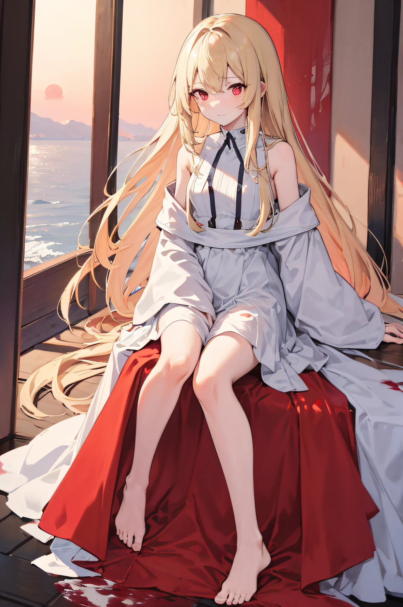 best quality, 4k, ultra-detailed, realistic, Portraits, HDR, vivid, female, 1 girl full body, Colors,(detailed face) Long-haired girl, light blonde hair, straight ankle-length hair, fair skin, long red eyes, girl wearing a transparent white dress that reaches her ankles, bare feet, small breasts, a blood moon scene in the background with water below.