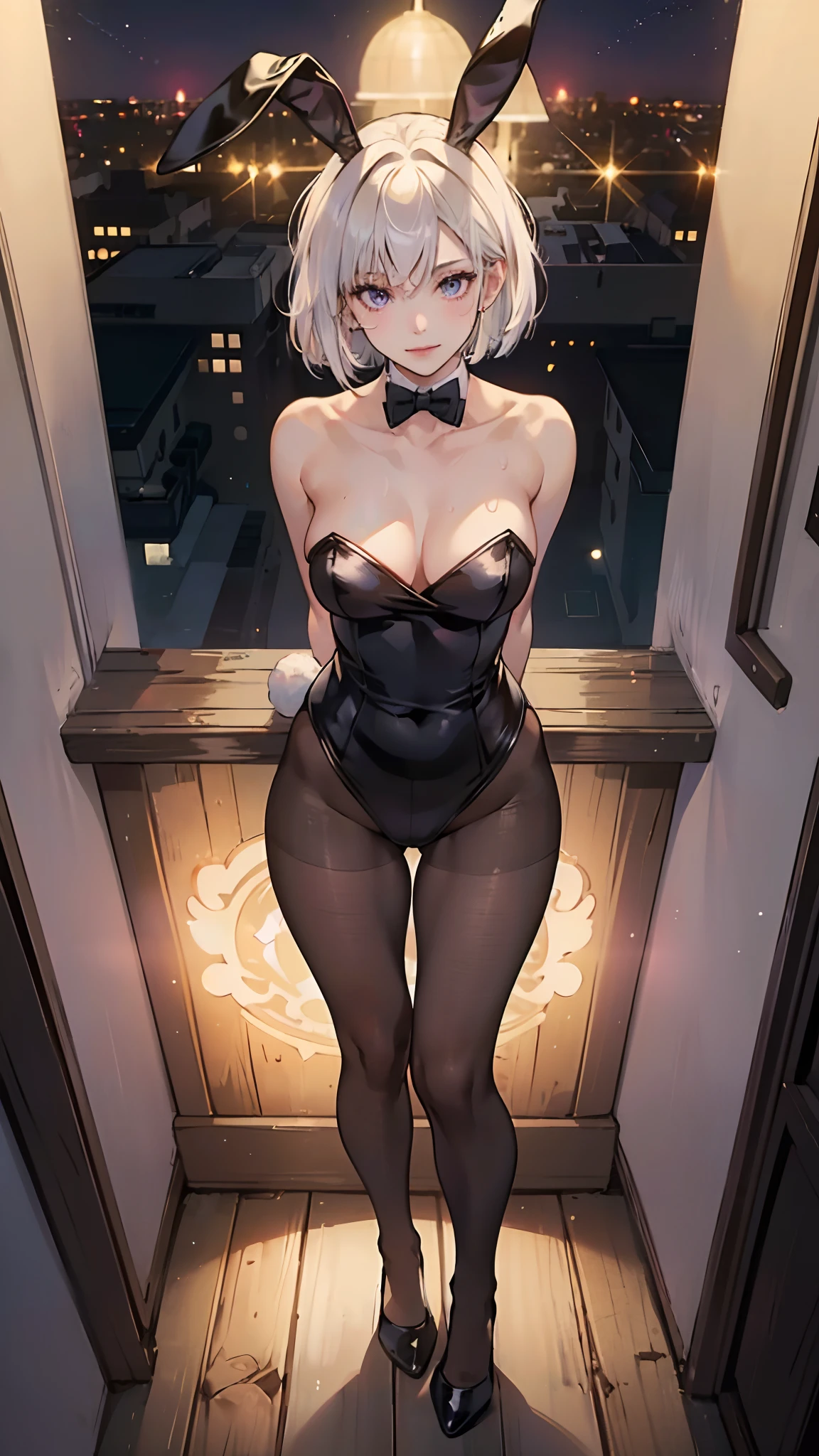 ((((masterpiece, best quality, high resolution)))), from above,illustration,1girl, white hair, bob cut, short wavy hair, purple eyes, looking at viewer, light smile, (breast focus), (arms behind back:1.2), average breasts, (breasts out:1.2), midriff, collarbone, nighttime, sweat, (black Playboy bunny suit, highleg leotard, thighhighs, pantyhose, rabbit ears, high heels), night bar, night light, seductive expression, seductive eyes, suggestive looks, cowboy shot,