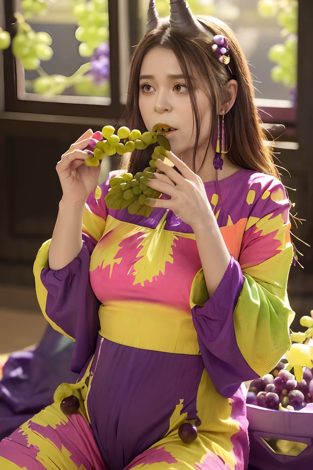 Photo, Photorealism, Photorealistic, full_body shot, female ogre, (Wearing colorful clothes that hide body:1.5), (Eating grapes with its hands:1.5), (horn:1.5), green skin, gigantic saggy breasts, Daylight lighting,