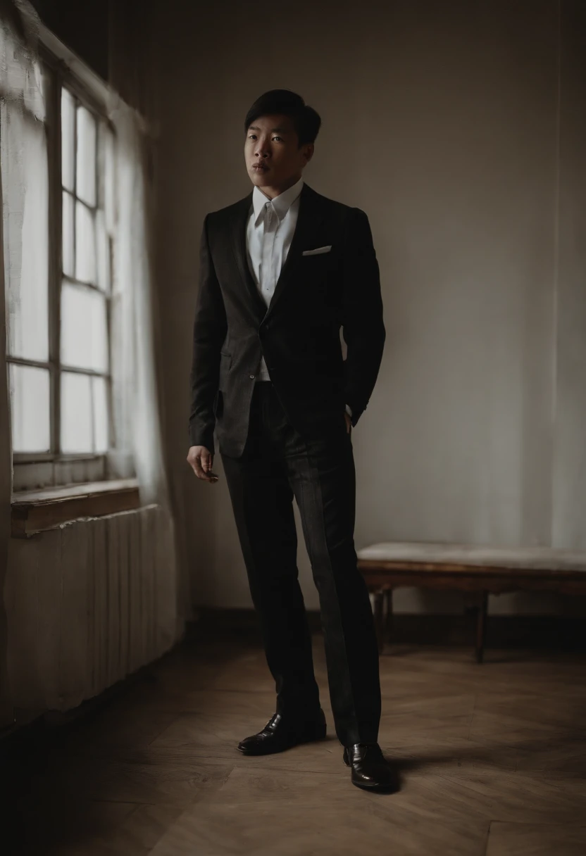 The shirt is also black、Wearing a black man's three-piece suit、Japan woman in black leather gloves