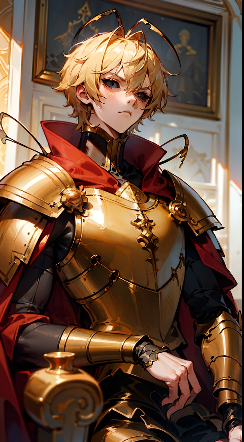 (Original Character,8k, Masterpiece, Best Quality,Detailed, Beautiful Detailed Eyes, solo),1boy,tall,fine skin,cowboy shot,(black eyes),black sclera,blonde hair,short hair,(((hair 2antennas)))(gold armor),red cape,sitting on the golden throne in room in castle,serious face,