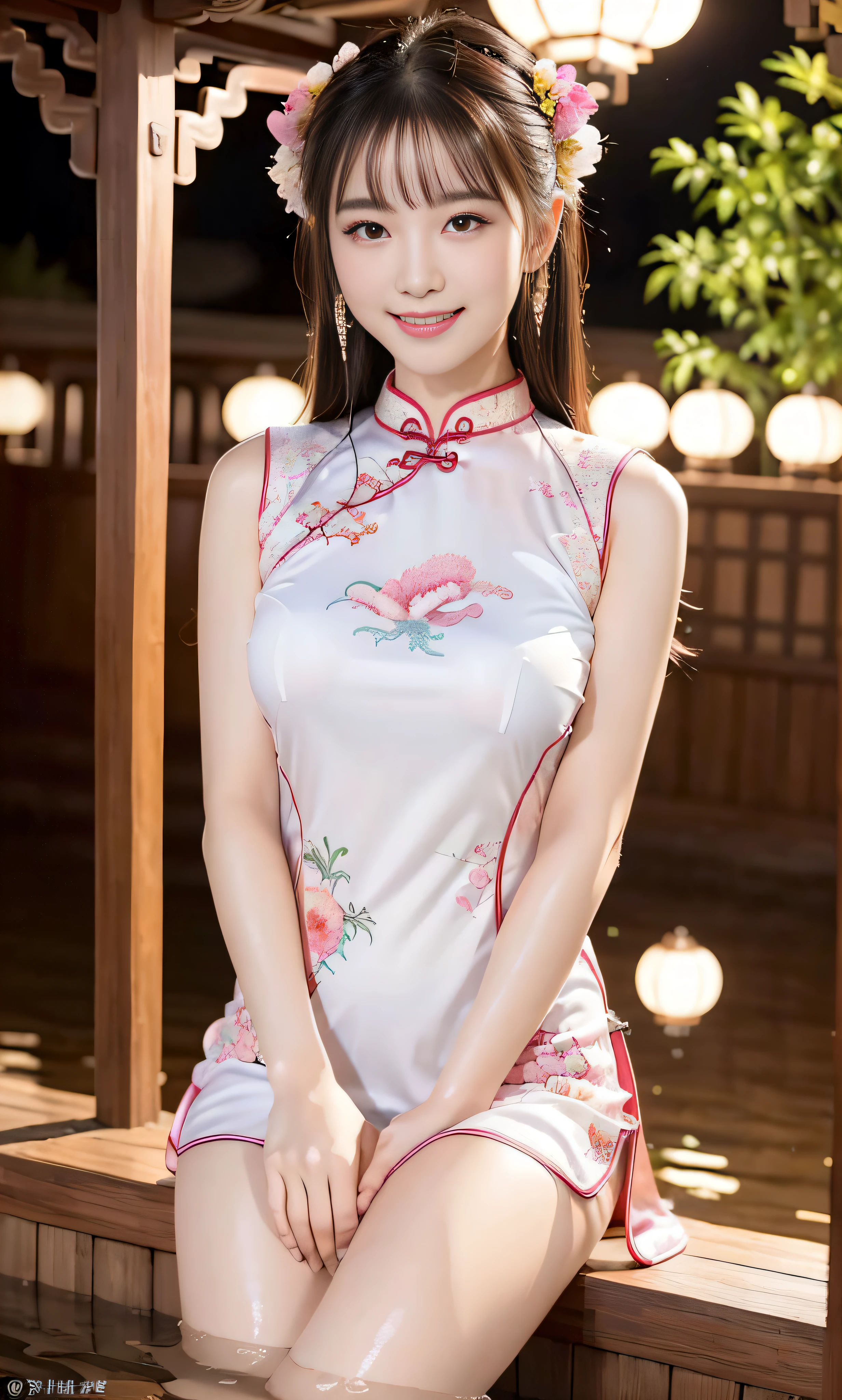 (ultra best quality、超A high resolution、8k、masterpiece:1.3)、Beautiful Women in Perfect Figure:1.2、Black hair、((Pink cheongsam))、kawaii、extremely detailed face and skin、Detailed eye、二重まぶた、Skinny Legs、The best smile、(((1a person)))、((The whole body is in the viewer))、The best smile、Extraordinary beauty、Age is years、perfectly proportions、((Cheongsam with dragon design))、Widened slit、sitting on、length hair、((nighttime scene))、beautful view、(((soak legs in water)))、Beautiful river、A quaint Japan city、、((Holding the light with one hand))、(Onsen town at night)、Western lanterns