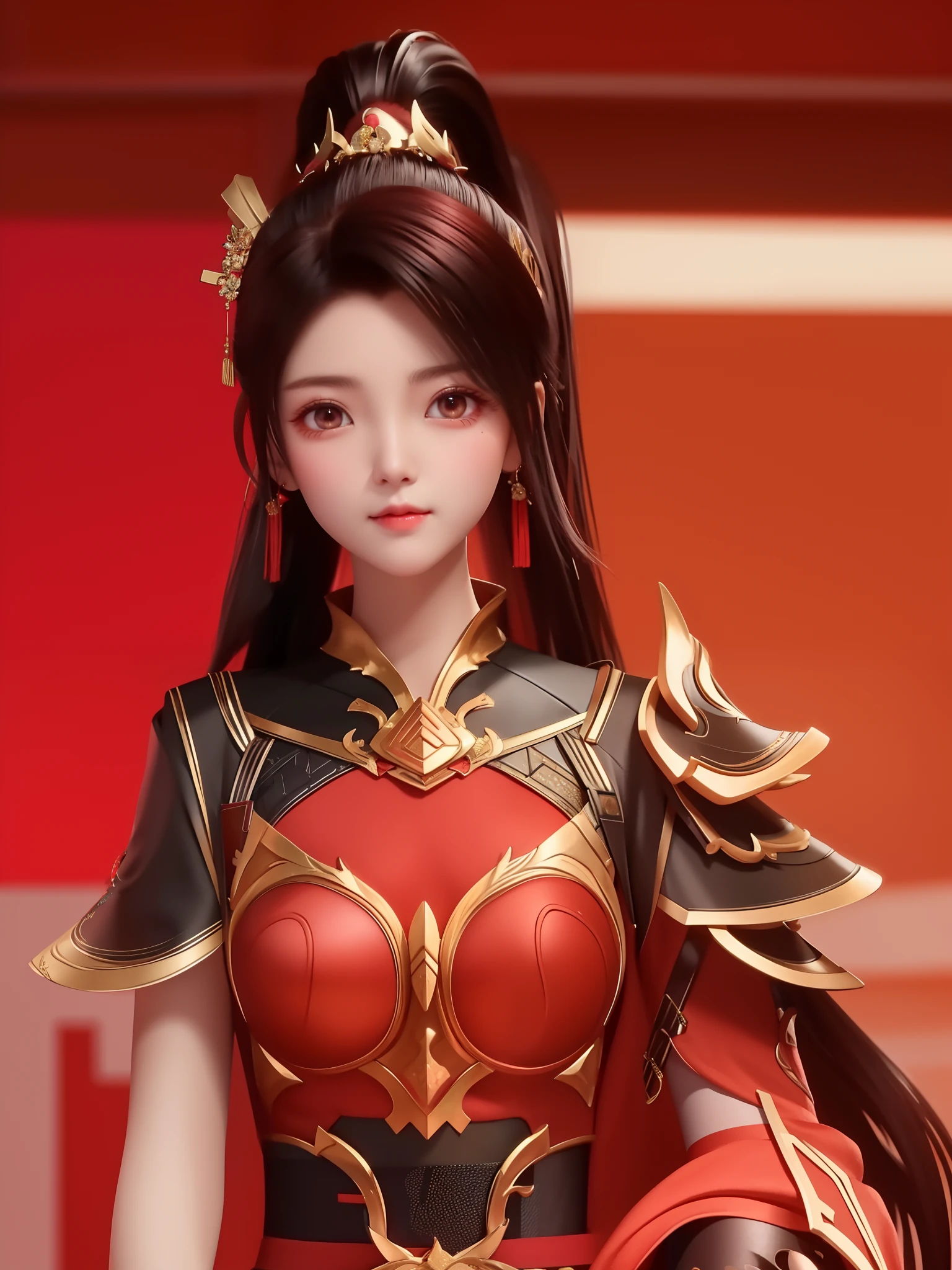 SYWZwangyuanyuan,1girl, looking at viewer, mature female, red eyes,high ponytail, hair ornament, dress for anything