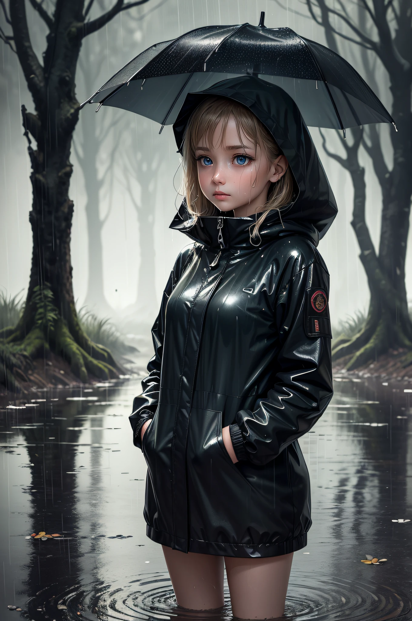 (Masterpiece:1.2, Best quality), (Real picture, Intricate details), (during night, Dark, heavy rain poured:1.4) In the forest, there was silence all around, Only raindrops hit the trees, Near and far;, making a slight rustling sound. In the cold rain, (1girll, Wet windproof jacket, Sad, Perfect eyes:1.2) Standing in a small river,The water reached her knees,Fold your arms over your chest,8K