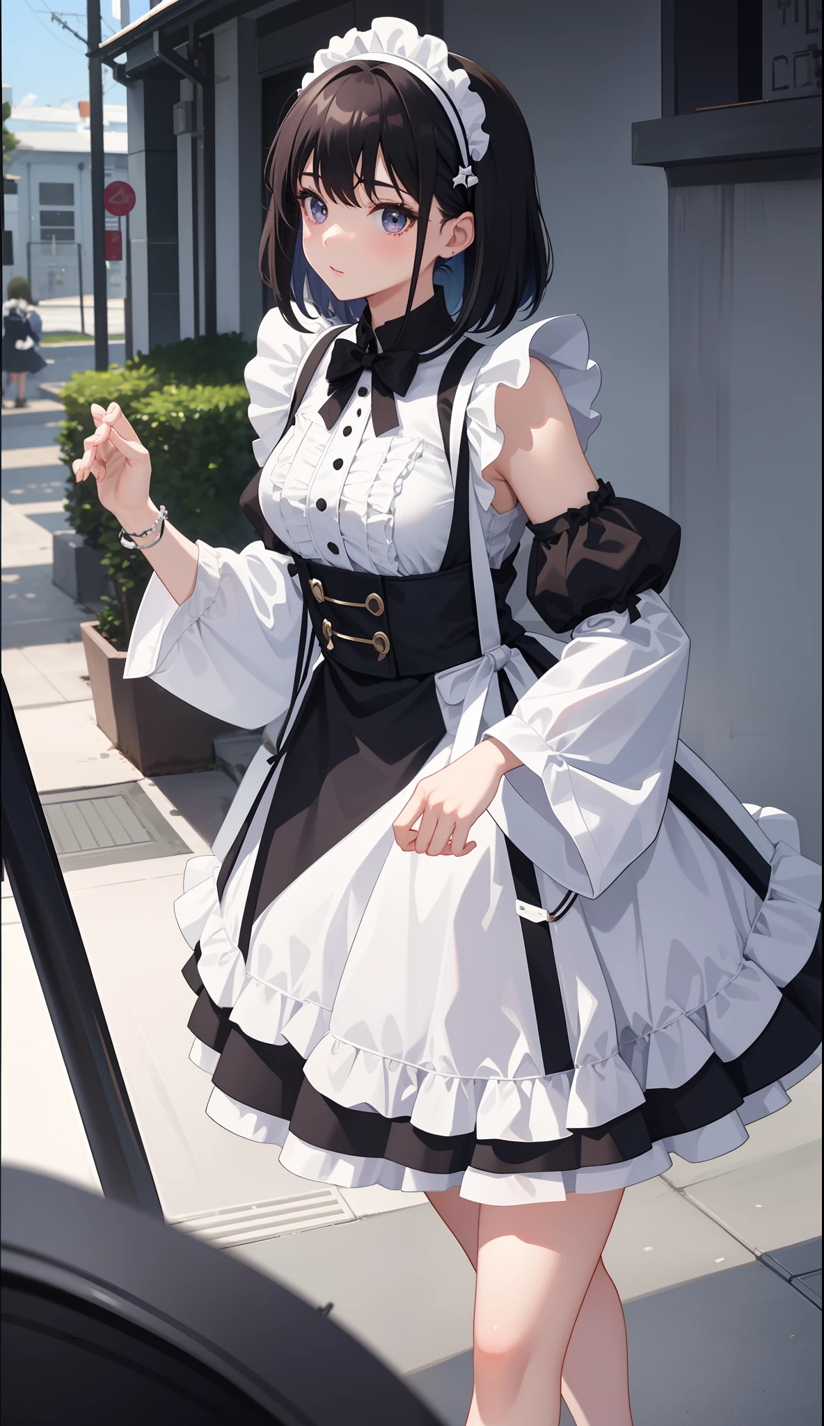 1girl in、AS-Adult、The shirt、Ultra mini skirt、pantiy、(small tits)、doress、pinafore、Hair decoration、(Maid costume)、Walking with a thigh、Upper body portrait、
