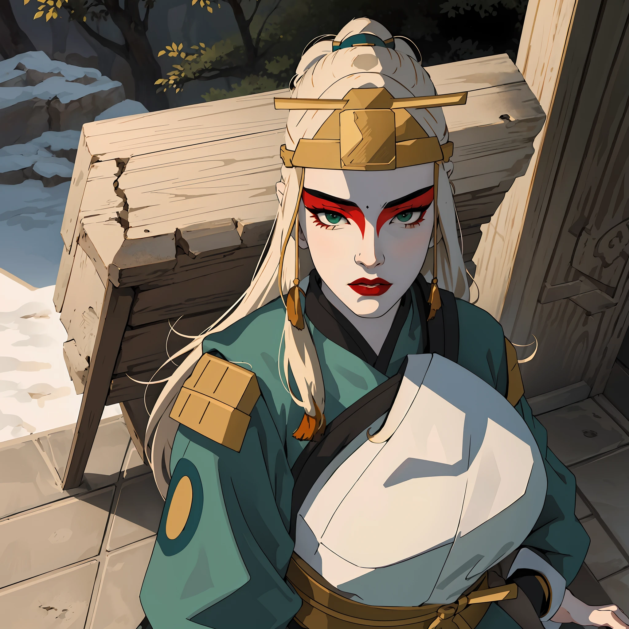 (masterpiece:1.2, best quality), (real picture, intricate details), 1lady, solo, whole body, heavy makeup, white face, red lipstick, red eyeshadow, natural fabrics, close-up body, full body, serious, warrior, female warrior, armour, long platinum blonde hair, green eyes, Kyoshi uniform, Kyoshi makeup, Kyoshi Warrior (Avatar the Last Airbender), (solo), (1girl), (close-up body), (solo, 1girl), (long platinum blonde hair), (long hair), (really long hair), (green eyes), (solo), (1girl)