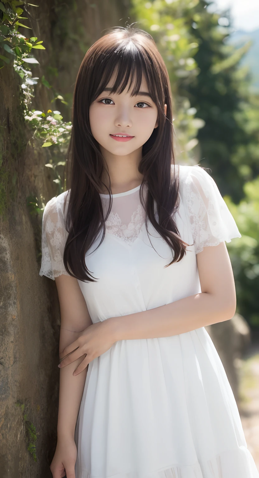 (top-quality、masterpiece:1.2)、Best Quality、realisitic、photoshot、hight resolution、1080p、8K、Textured skin、Physical Rendering、1 Japan Girls、a junior high school student、kawaii、Young Face、Rolled hair、(White dress:1.5)、in mountains、full of shyness、smil、Big