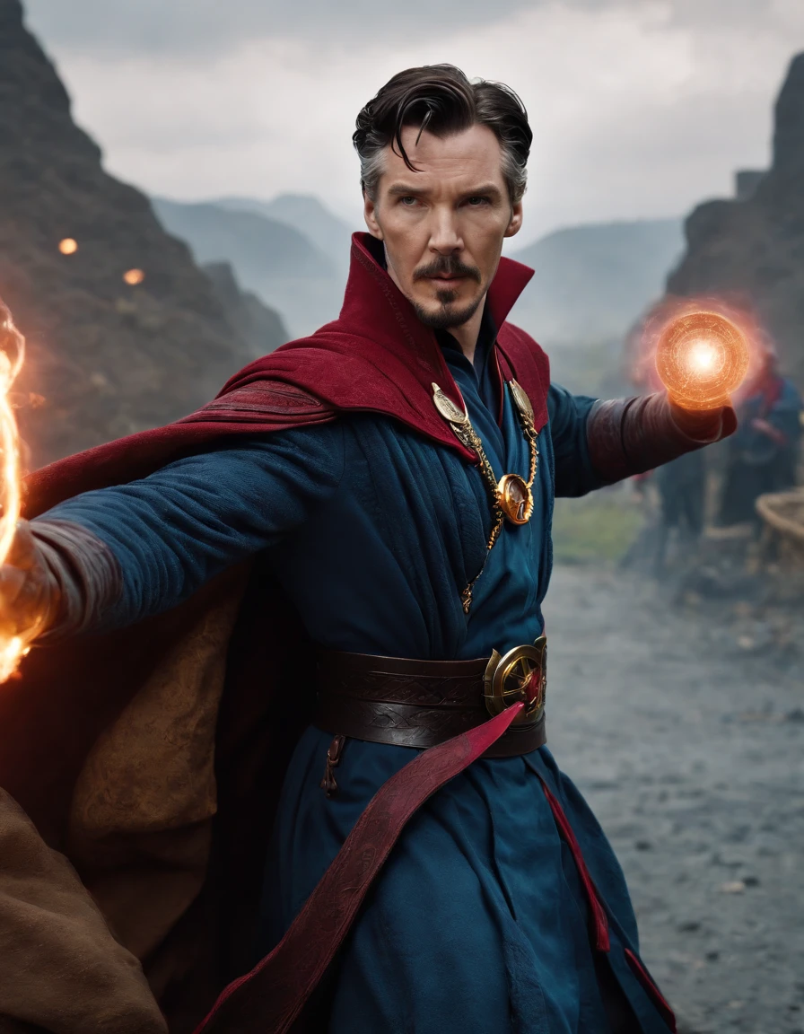 Dr Strange, battle pose, magic portal, battle field background
