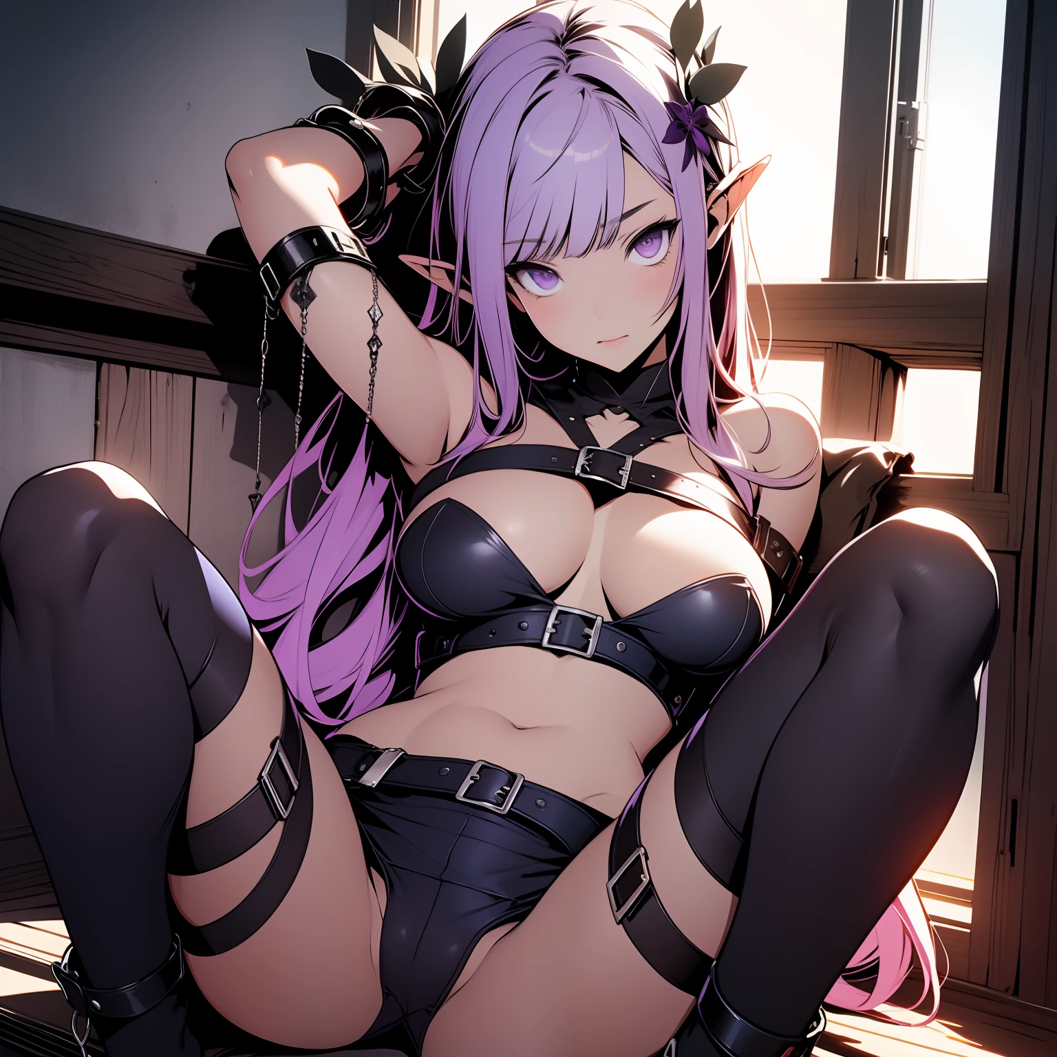 (masterpiece, best quality), (detailed face and eyes) Emilia from Rezero, beautiful girl, expressive eyes, perfect face, 1girl,  (detailed beautiful eyes) underwear, full body shot, long silver hair, purple eyes, visible bellybutton, elf ears, feminine, purple pantyhose, flirty, blushing, masturbation from below, Grab your own breasts, One girl,  sitting on a window sill with cuffs, wrapped in leather straps, leather cuffs around wrists, restrained, harnesses and garters, handcuffed, handcuffs, dominant pose, sexy dominant pose, hands above her head, wrists chained to the ceiling, blushing, Spread your legs, Raise your legs, purple