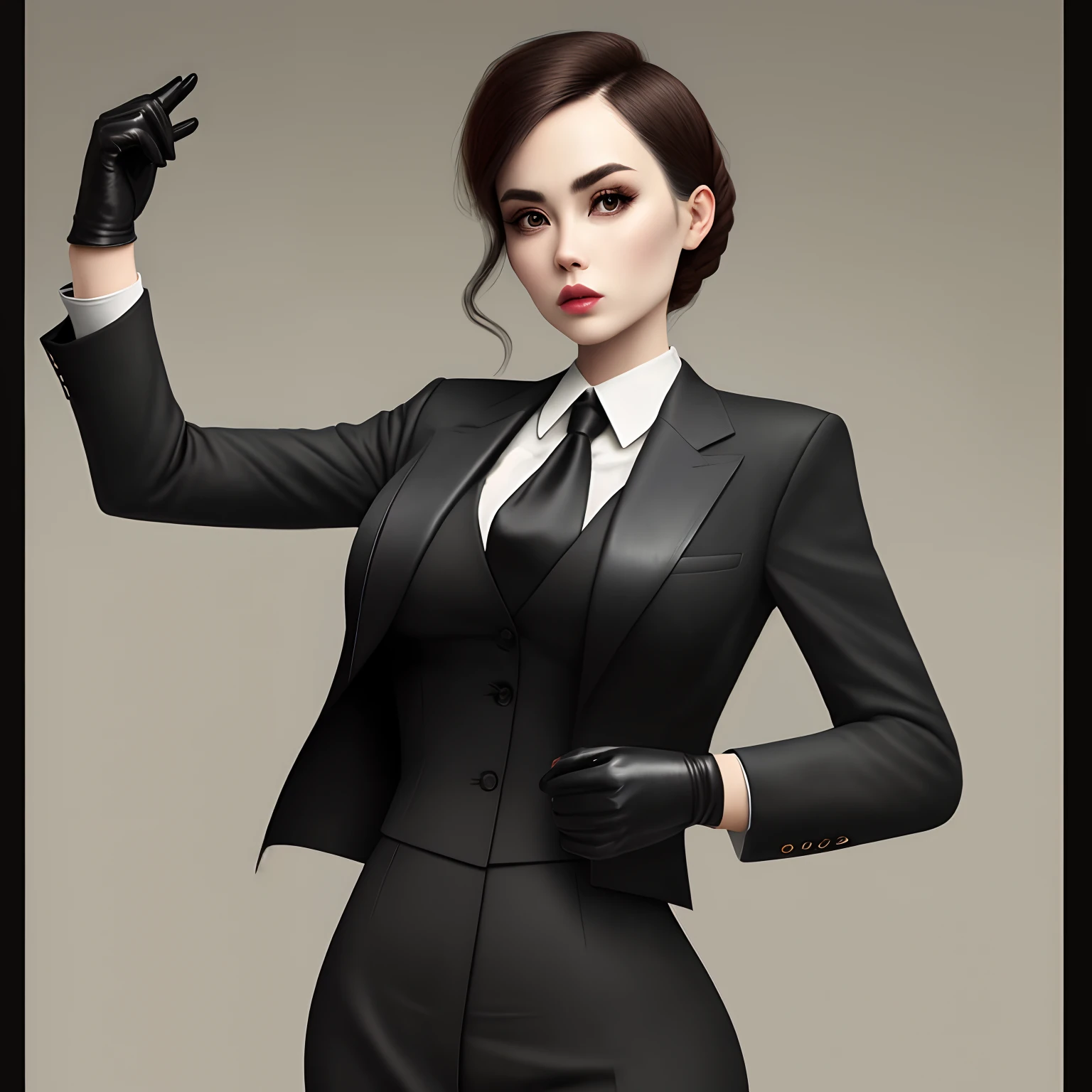The shirt is also black、Wearing a black man's three-piece suit、Japan Woman in Black Leather Gloves K