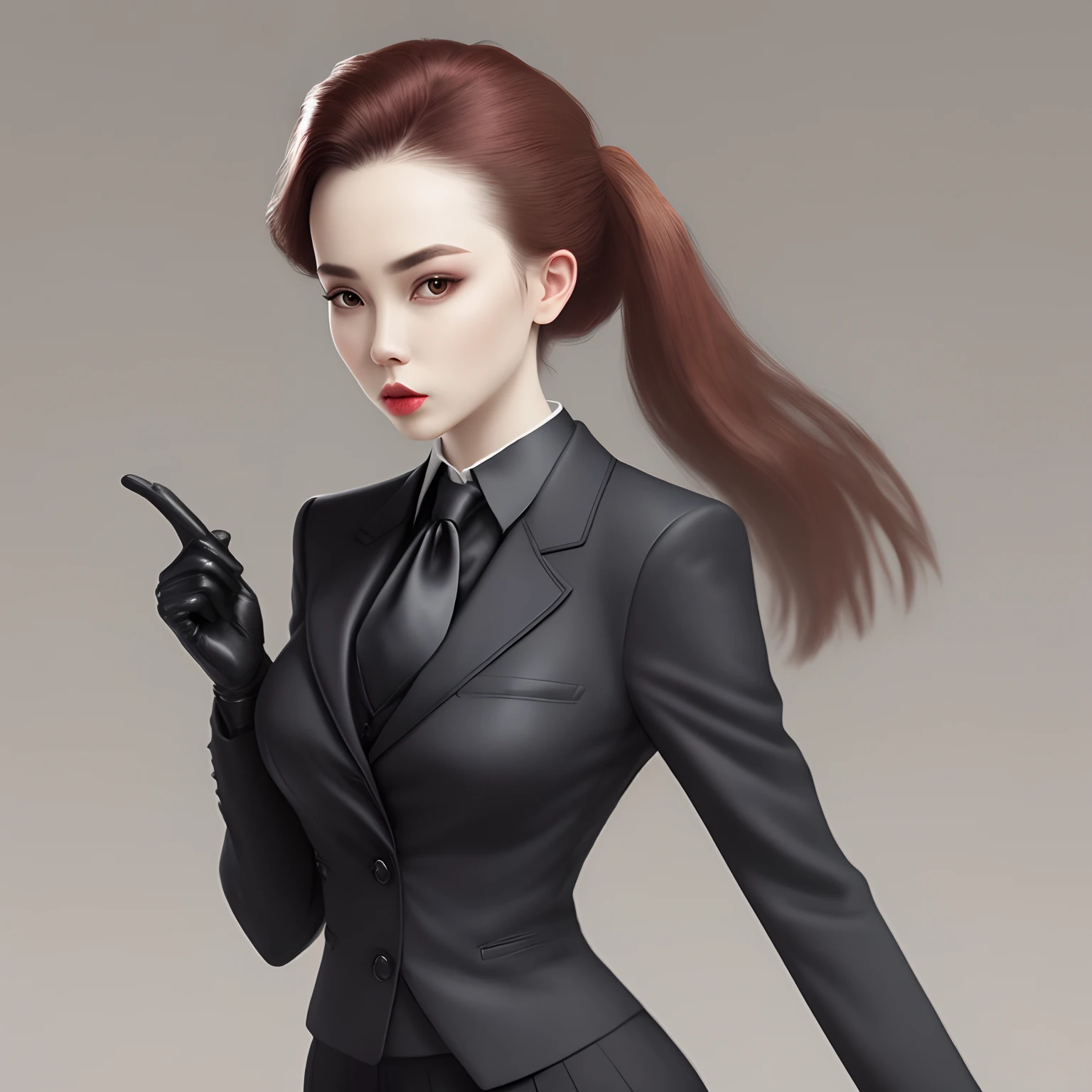 The shirt is also black、Wearing a black man's three-piece suit、Japan Woman in Black Leather Gloves K