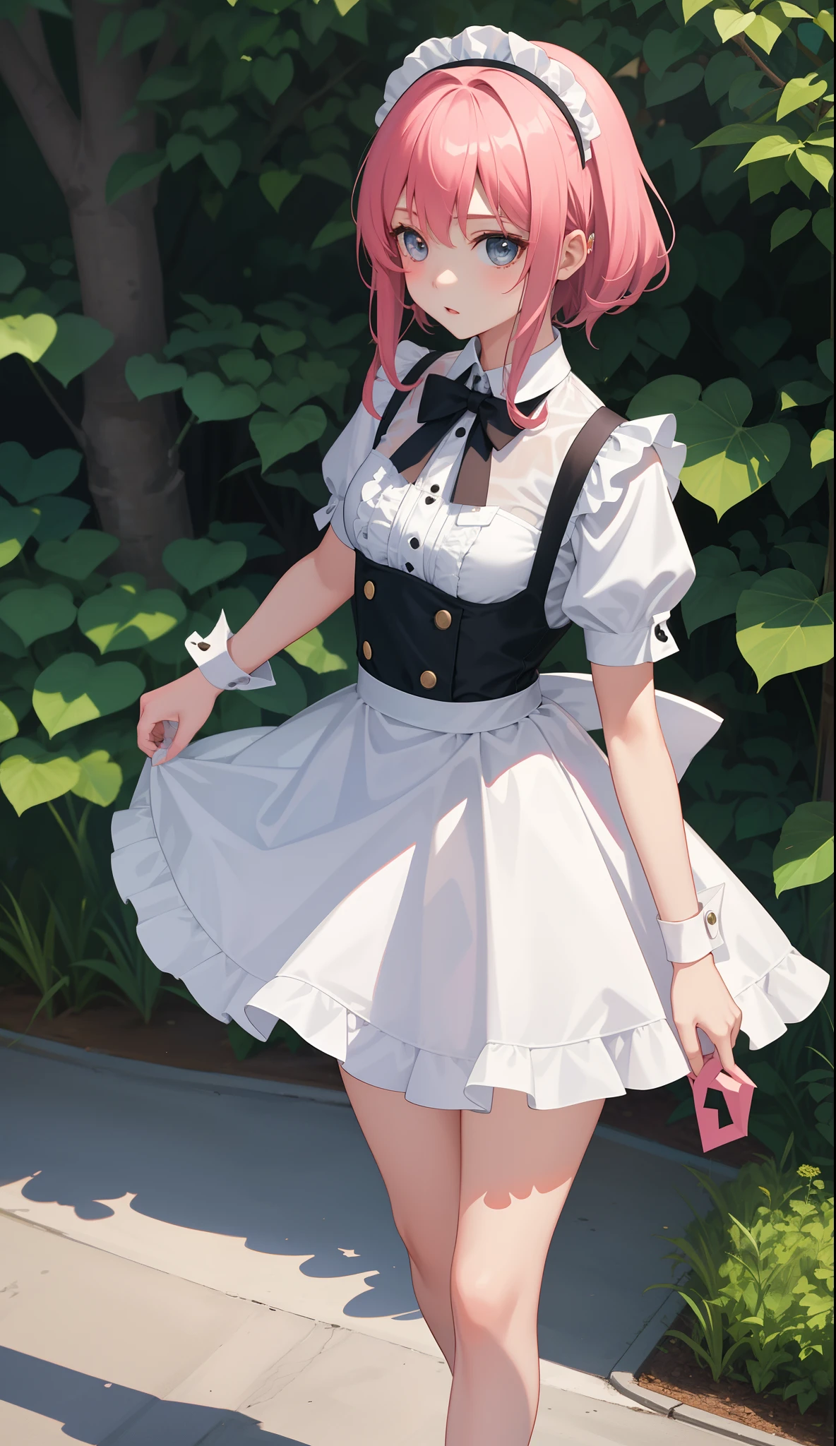 1girl in、AS-Adult、The shirt、Ultra mini skirt、pantiy、(small tits)、doress、pinafore、Hair decoration、(Maid costume)、Walking with a thigh、Upper body portrait、