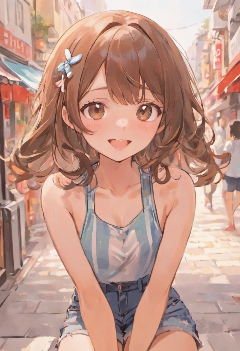 (masutepiece), (Portrait), (Aesthetic), (Beautiful), (upper blody), (High quality), (aesthetic clothings), (professional angle), (thirds rule), (Feminine), (Woman), (Female), (Beautiful),(Feminine features), (25-years old), (Solo), (1), 1 woman, (Fascinating Japanese), Summer, Natural light, (Sitting), Fresh Makeup, (Small bust), ((Hold -)), (Front face), (Smiling expression), ((Happy and cute mood)), head band, ((Medium Hair)), (Brown hair), (Wavy Hair), (Silky hair), Shiny hair, (Hairpins and ribbons for hair), (Brown eyes), (Playful and young々Appearance), (Fair skin), (pastel clothing), (T-shirt), (Denim shorts), (sneakers), Scoop Neckline), ((Urban background)), (- In the background), (Medium Shot Shot), Beautiful hands, Two hands, normal hands, Two arms, complete hands, Beautiful body, Beautiful fingers, normal fingers, Five Fingers, Five Fingers, (Thumb index finger ring finger), Beautiful ears, normal ears, Beautiful eyes, shiny eyes, Beautiful mouth, Beautiful lips,