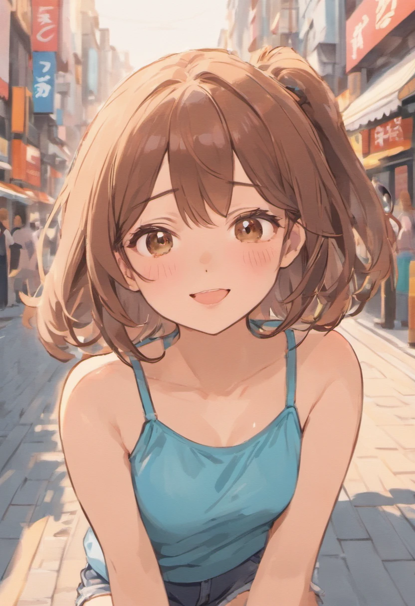(masutepiece), (Portrait), (Aesthetic), (Beautiful), (upper blody), (High quality), (aesthetic clothings), (professional angle), (thirds rule), (Feminine), (Woman), (Female), (Beautiful),(Feminine features), (25-years old), (Solo), (1), 1 woman, (Fascinating Japanese), Summer, Natural light, (Sitting), Fresh Makeup, (Small bust), ((Hold -)), (Front face), (Smiling expression), ((Happy and cute mood)), head band, ((Medium Hair)), (Brown hair), (Wavy Hair), (Silky hair), Shiny hair, (Hairpins and ribbons for hair), (Brown eyes), (Playful and young々Appearance), (Fair skin), (pastel clothing), (T-shirt), (Denim shorts), (sneakers), Scoop Neckline), ((Urban background)), (- In the background), (Medium Shot Shot), Beautiful hands, Two hands, normal hands, Two arms, complete hands, Beautiful body, Beautiful fingers, normal fingers, Five Fingers, Five Fingers, (Thumb index finger ring finger), Beautiful ears, normal ears, Beautiful eyes, shiny eyes, Beautiful mouth, Beautiful lips,