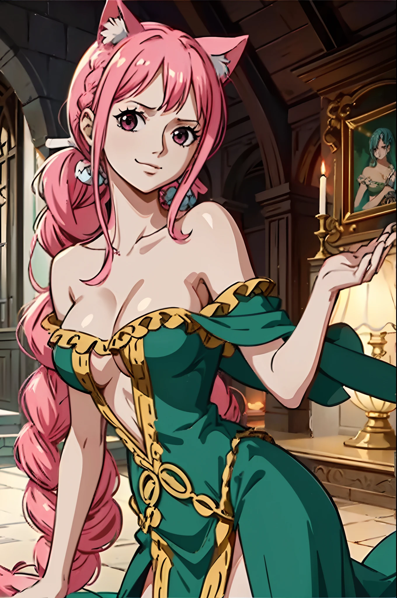 (masterpiece), Rebecca_onepiece, one-girl,  little breast, ((long hair)), ((hair down)), cat ears, noble clothes, ((beautiful face)), (off shoulder: 1.2), looking at viewer, smile, blush, indoor, standing, upper body