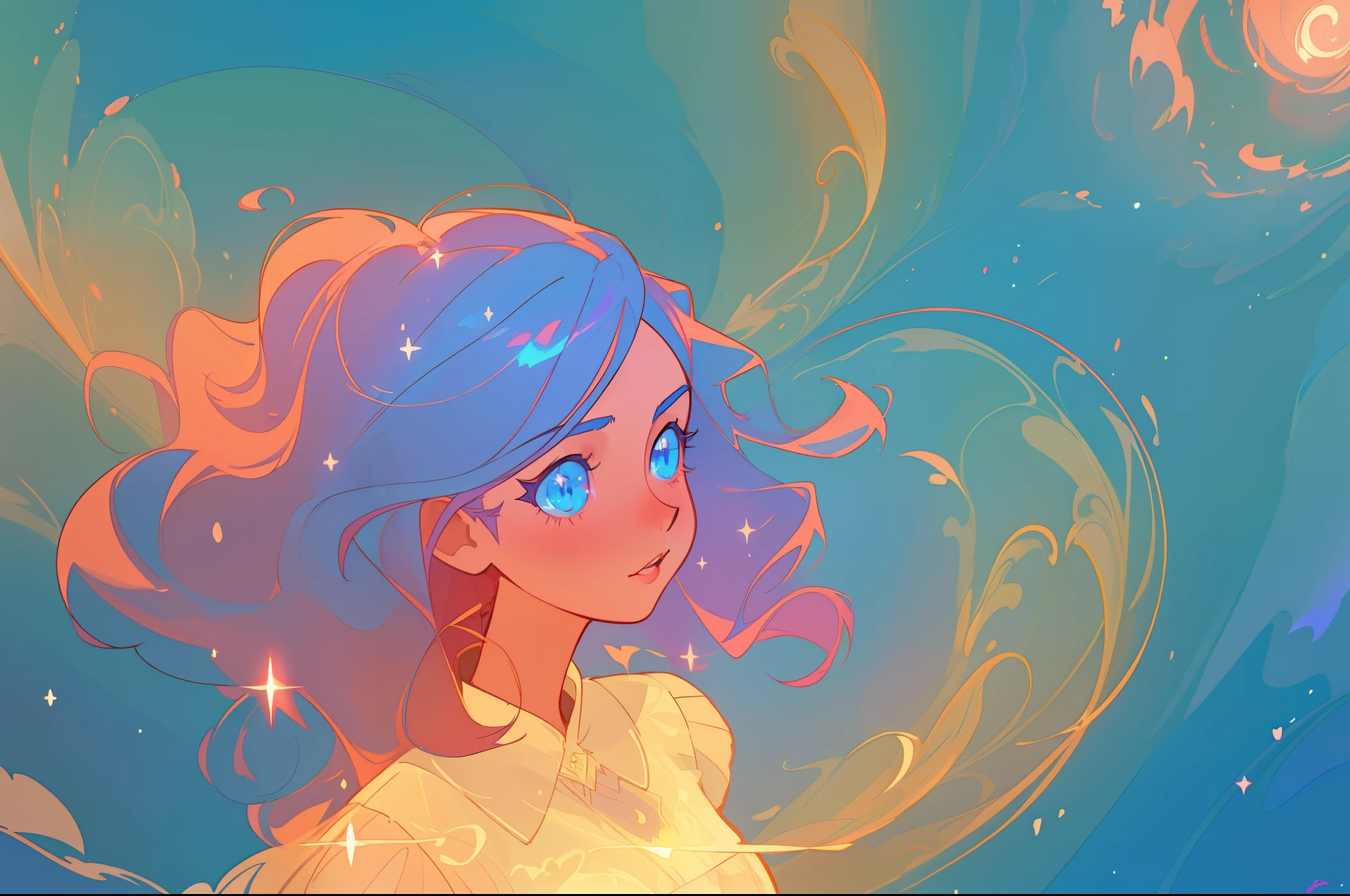 beautiful anime girl in flowing ruffle layered ballgown, inspired by Glen Keane, inspired by Lois van Baarle, (disney art style), by Lois van Baarle, glowing aura around her, by Glen Keane, jen bartel, glowing lights! digital painting, flowing glowing hair, glowing flowing hair, beautiful digital illustration, fantasia background, whimsical, magical, fantasy, beautiful face, ((masterpiece, best quality)), intricate details, highly detailed, sharp focus, 8k resolution, sparkling detailed eyes, liquid watercolor, swirling magical lines of light