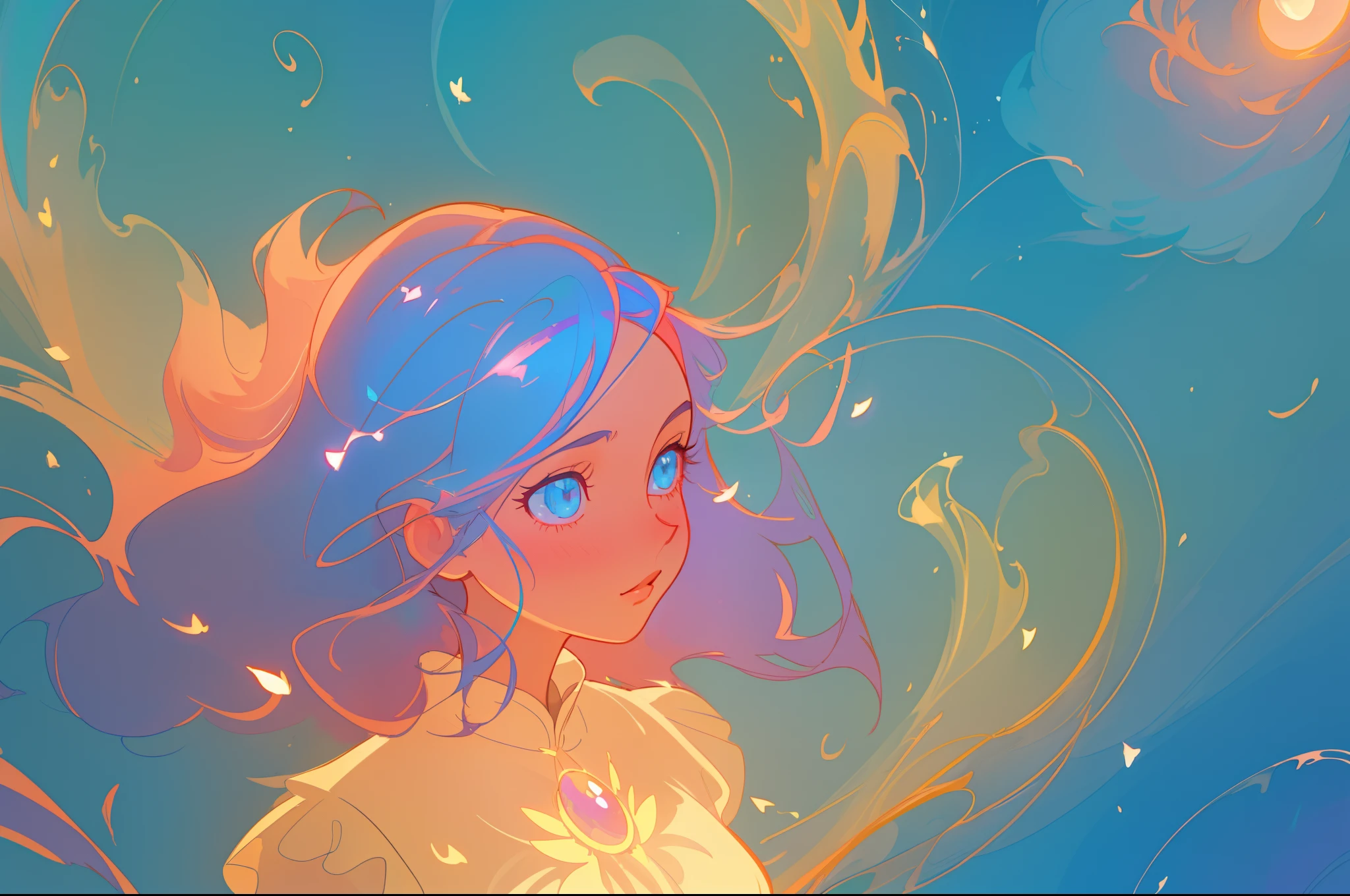 beautiful anime girl in flowing ruffle layered ballgown, inspired by Glen Keane, inspired by Lois van Baarle, (disney art style), by Lois van Baarle, glowing aura around her, by Glen Keane, jen bartel, glowing lights! digital painting, flowing glowing hair, glowing flowing hair, beautiful digital illustration, fantasia background, whimsical, magical, fantasy, beautiful face, ((masterpiece, best quality)), intricate details, highly detailed, sharp focus, 8k resolution, sparkling detailed eyes, liquid watercolor, swirling magical lines of light