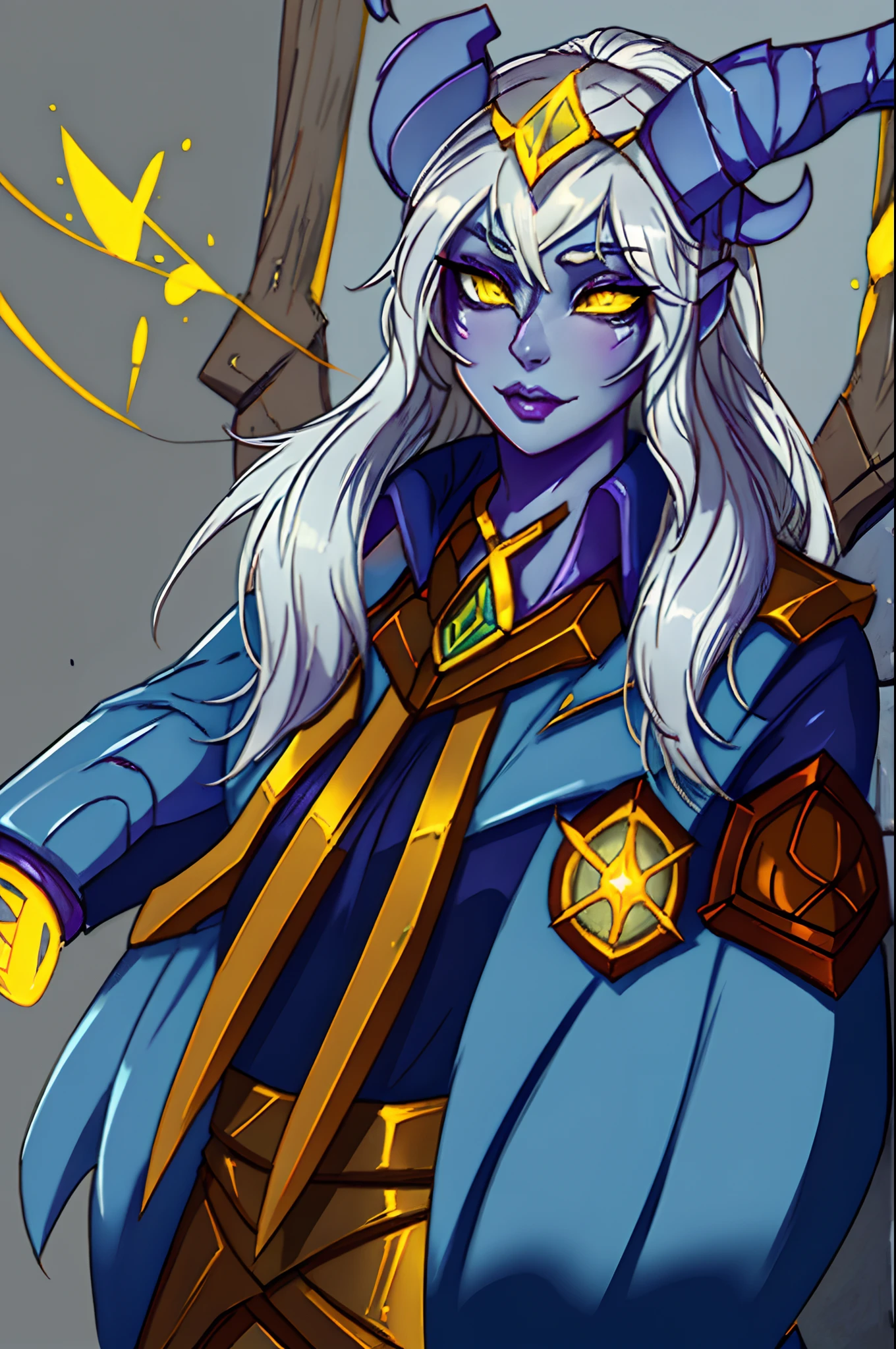 1girl, cowboy shot of beautiful draenei paladin, shedrn, gray skin, white hair, warcraft, master piece, best quality, portrait, yellow glowing eyes, gray horns