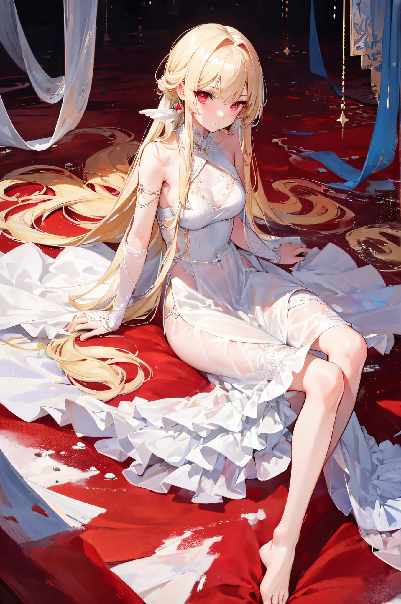 best quality, 4k, ultra-detailed, realistic, Portraits, HDR, vivid, female, 1 girl full body, Colors,(detailed face) Long-haired girl, light blonde hair, straight ankle-length hair, fair skin, long red eyes, girl wearing a transparent white dress that reaches her ankles, bare feet, small breasts, a blood moon scene in the background with water below.