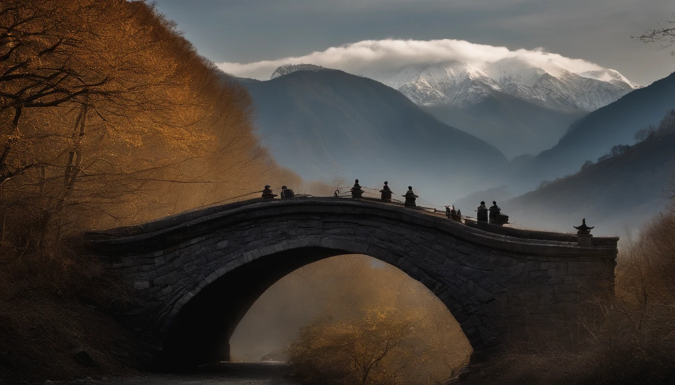 An old man carries a basket，morning glory，Walk on the stone bridge，The background is the mountain，There is water under the bridge，The clouds are ethereal，siluette，Traditional Chinese painting，Black and white gray，