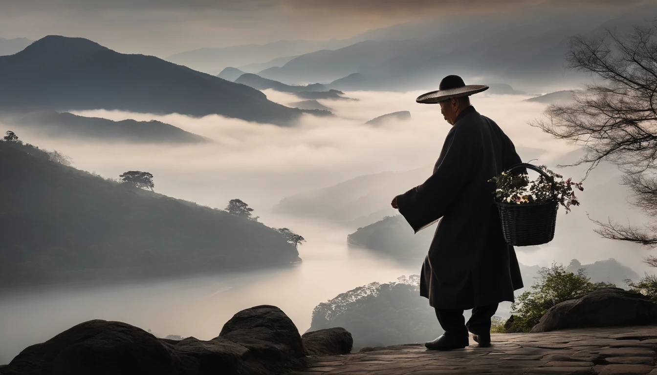 An old man carries a basket,morning glory,Walk on the stone bridge,The background is the mountain,There is water under the bridge,The clouds are ethereal,siluette,Traditional Chinese painting,Black and white gray,