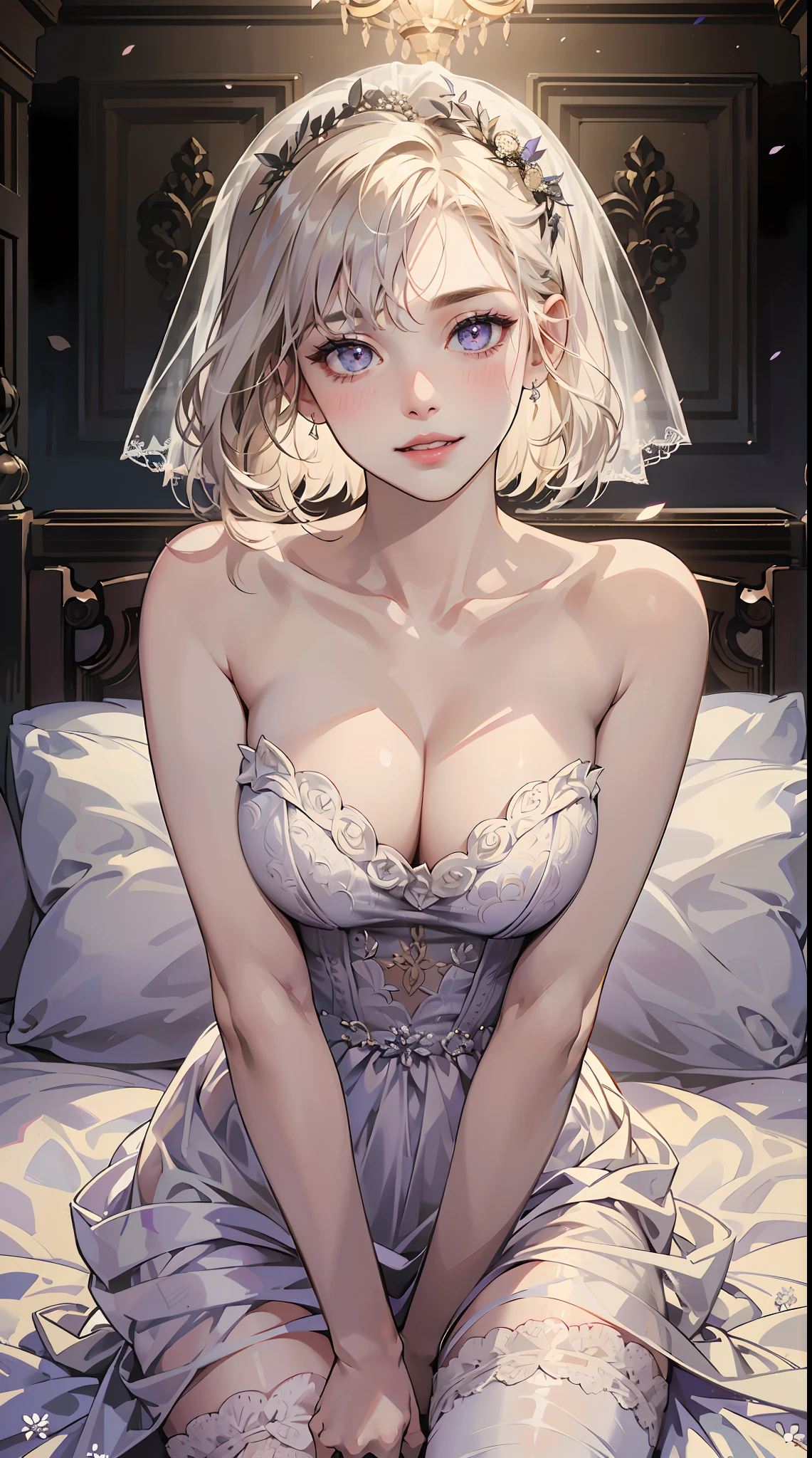 ((((masterpiece, best quality, high resolution)))), Extremely detailed 8K, Beautiful girl with slender body, (Ultra HD, Ultra-detailed, Highly detailed, Highly realistic, Ultra-realistic, photograph realistic), (1girl:1.5), (Realistic white hair), short wavy hair, bob cut, purple eyes, average breasts, cleavage, (dynamic poses), facing at camera, light smile, parted lips, (beautiful detailed face, beautiful detailed eyes) blush, light smile, glow, thighs, bare shoulders, collarbone, narrow waist, cleavage, bedroom, night, night light, (wedding dress, bridal veil, bridal garter)