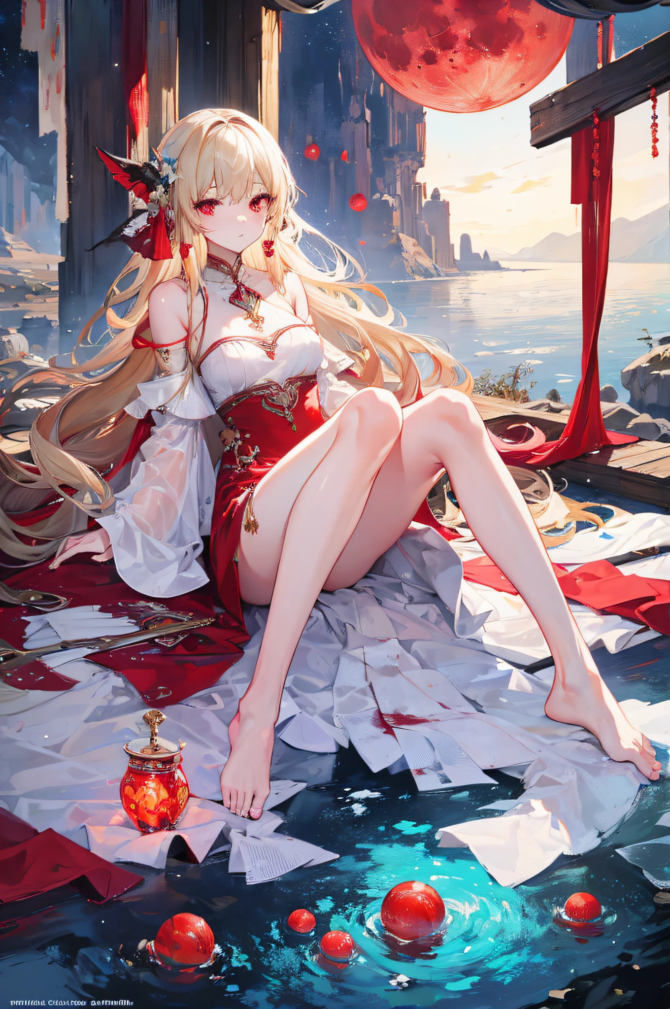 best quality, 4k, ultra-detailed, realistic, Portraits, HDR, vivid, female, 1 girl full body, Colors,(detailed face) Long-haired girl, light blonde hair, straight ankle-length hair, fair skin, long red eyes, girl wearing a transparent white dress that reaches her ankles, bare feet, small breasts, a blood moon scene in the background with water below.