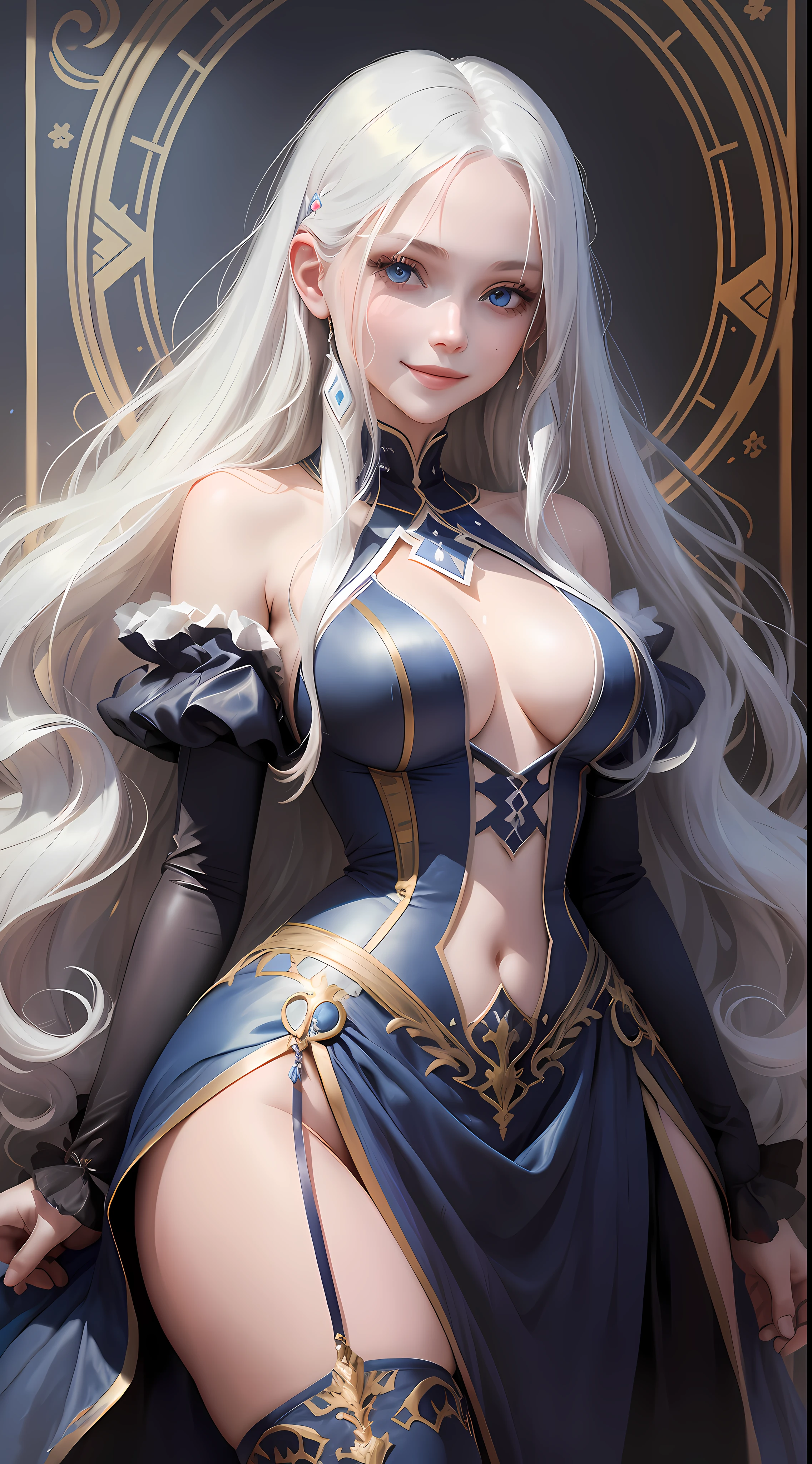 Young girl, long white hair, blue eyes, wide neckline, plunging neckline, smile, beautiful expensive dress, masterpiece, high quality
