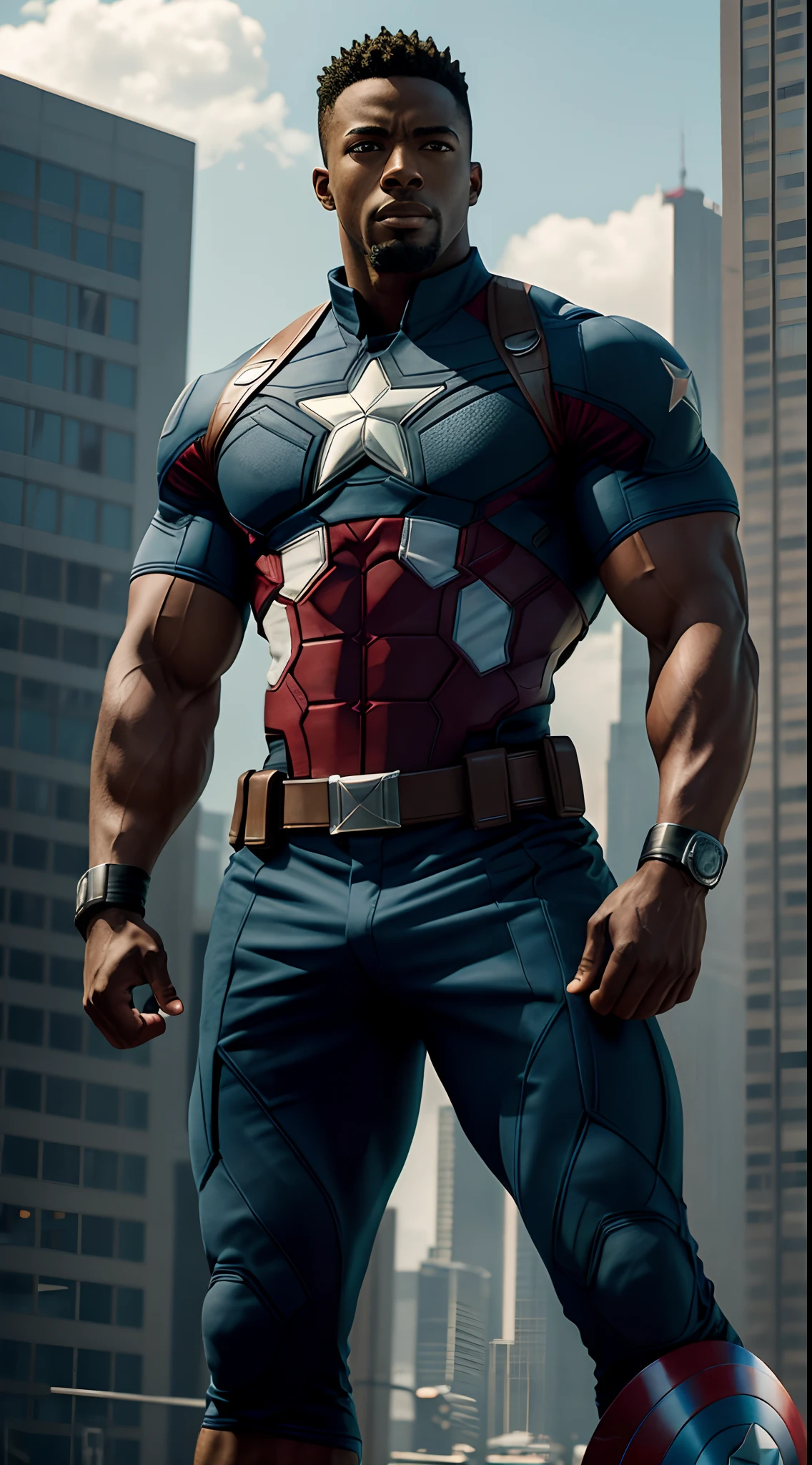 Sam Wilson is Captain America super strong, muscular, ABS, Bodybuilder, 35mm lens, photography, ultra details, HDR, UHD,8K