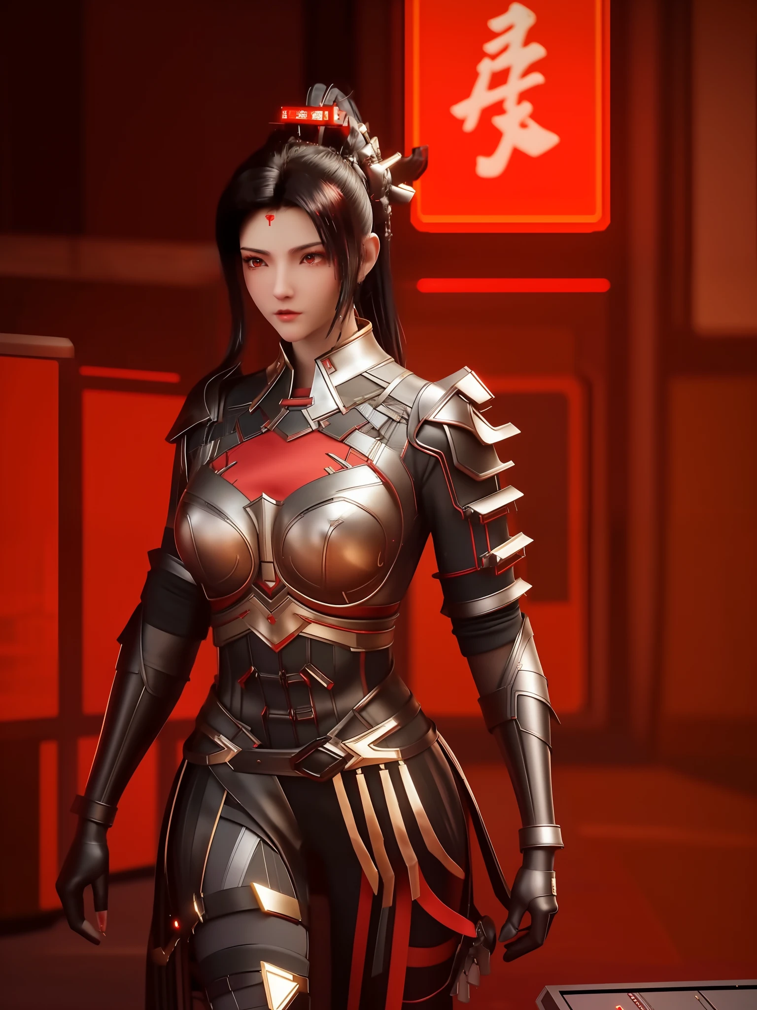 SYWZwangyuanyuan,1girl, armor,cityscape, night, looking at viewer, mature female, red eyes,high ponytail, hair ornament, red shirt,cowboy shot, pauldrons,((Best quality)), ((masterpiece)), (highly detailed:1.3), 3D, beautiful (cyberpunk:1.3) hacker woman with thick voluminous hair operating a computer terminal