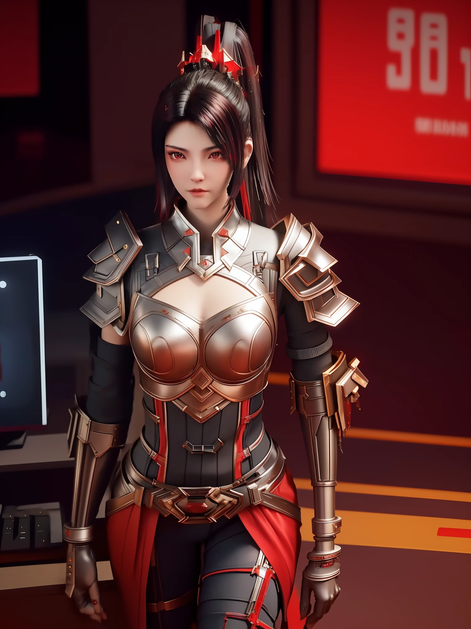 SYWZwangyuanyuan,1girl, armor,cityscape, night, looking at viewer, mature female, red eyes,high ponytail, hair ornament, red shirt,cowboy shot, pauldrons,((Best quality)), ((masterpiece)), (highly detailed:1.3), 3D, beautiful (cyberpunk:1.3) hacker woman with thick voluminous hair operating a computer terminal