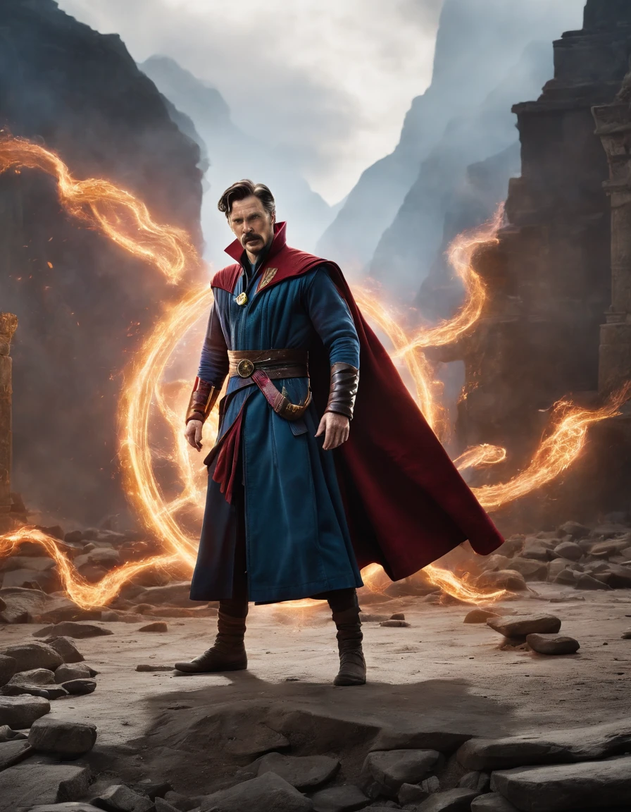 Dr Strange, battle pose, big magic portal, battle field background